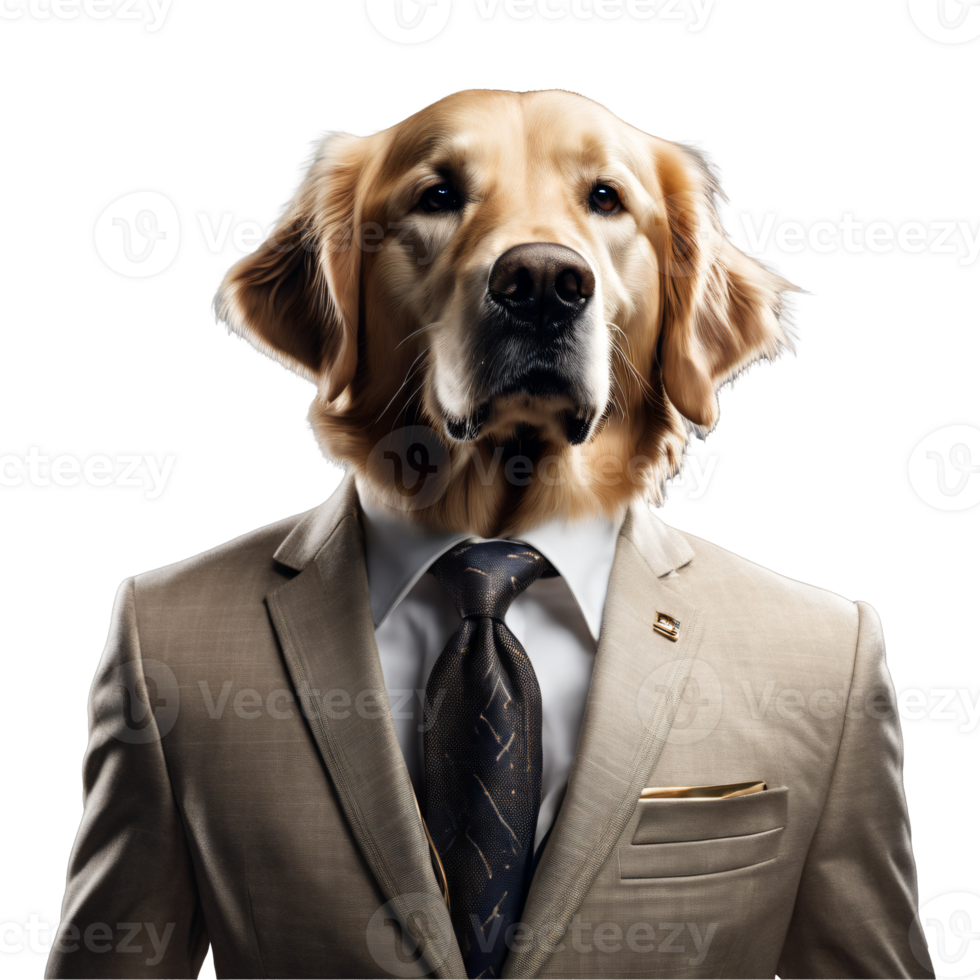 Portrait of Humanoid Anthropomorphic Golden Retriever Dog Wearing Gray Business Suit Isolated Transparent Generative AI png