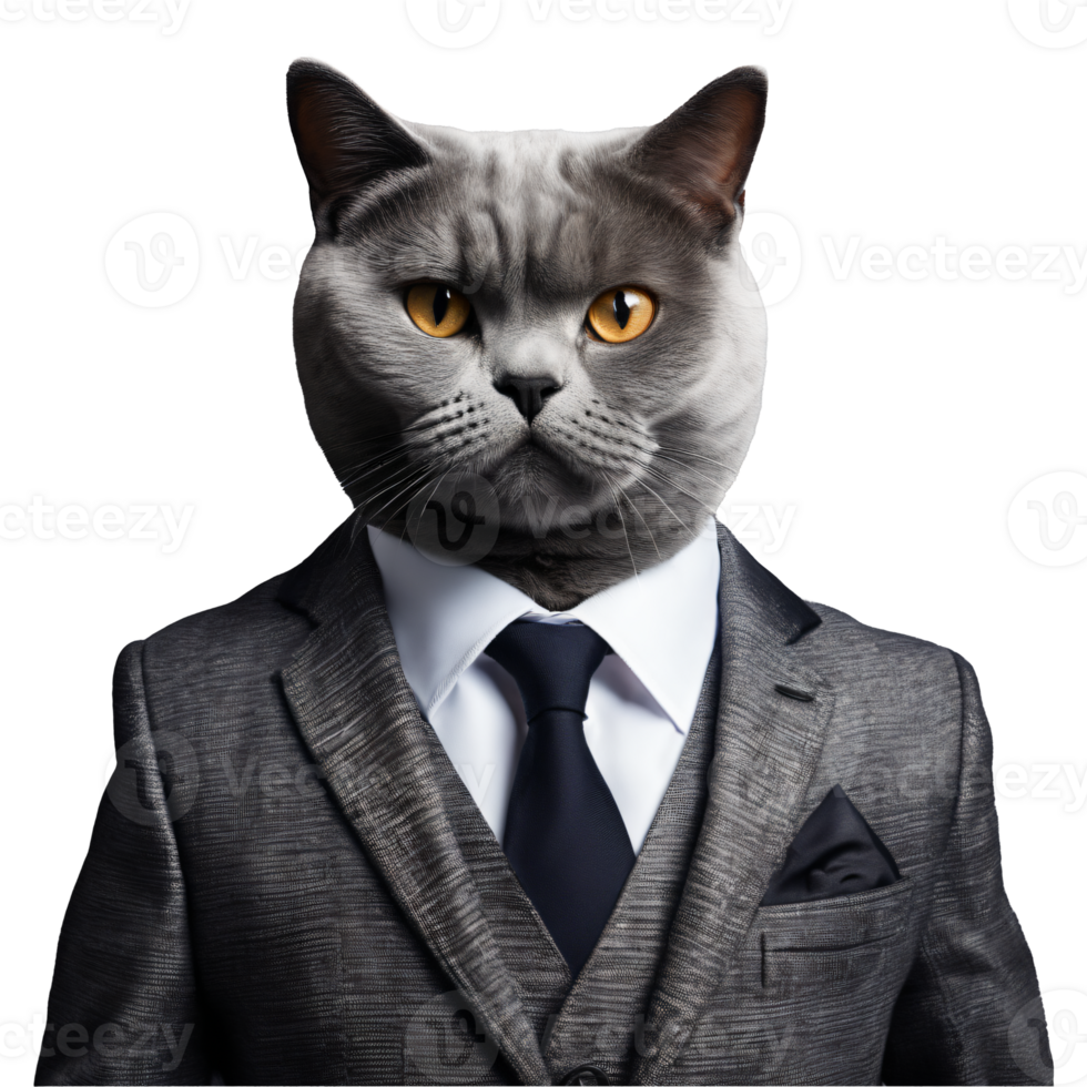 Portrait of Humanoid Anthropomorphic Gray British Shorthair Cat Wearing Business Suit Isolated Transparent Generative AI png
