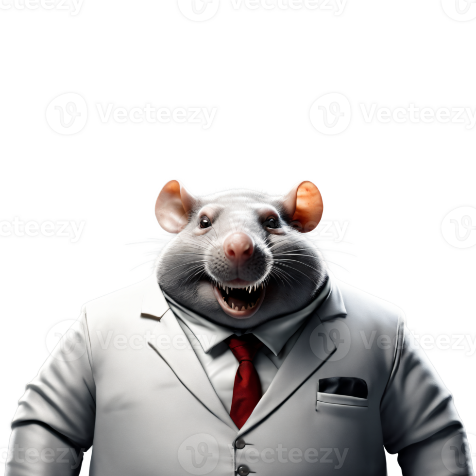 portrait de humanoïde anthropomorphe glouton graisse blanc rat portant blanc affaires costume avec mal petit sourire satisfait expression isolé transparent génératif ai png