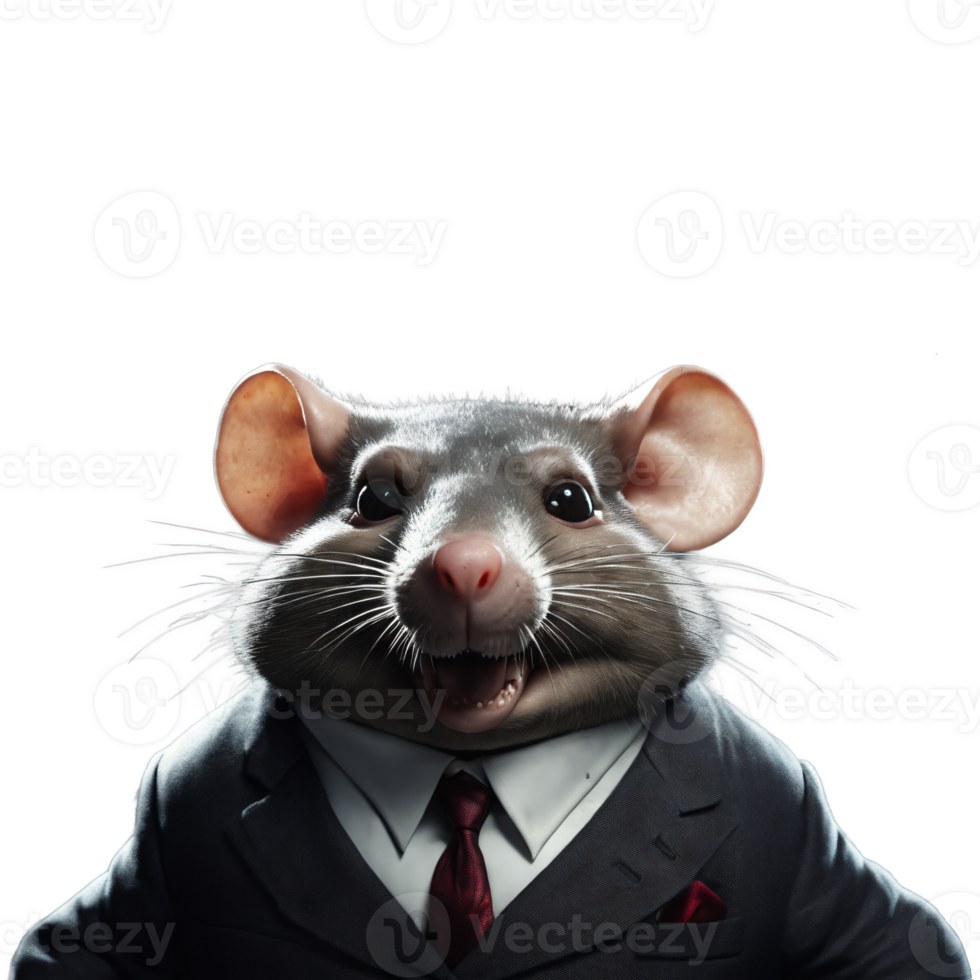 portrait de humanoïde anthropomorphe glouton graisse rat portant noir affaires costume avec mal petit sourire satisfait expression isolé transparent génératif ai png