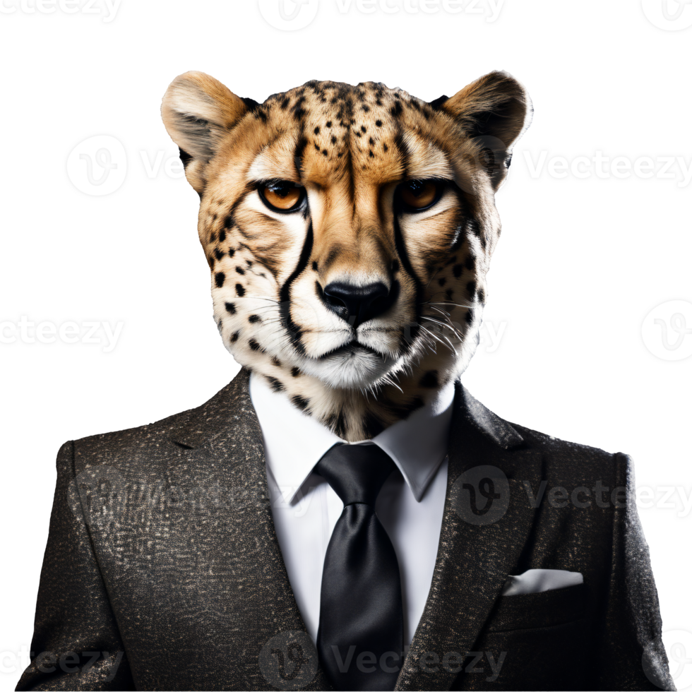 Portrait of Humanoid Anthropomorphic Cheetah Wearing Black Business Suit Isolated Transparent Generative AI png