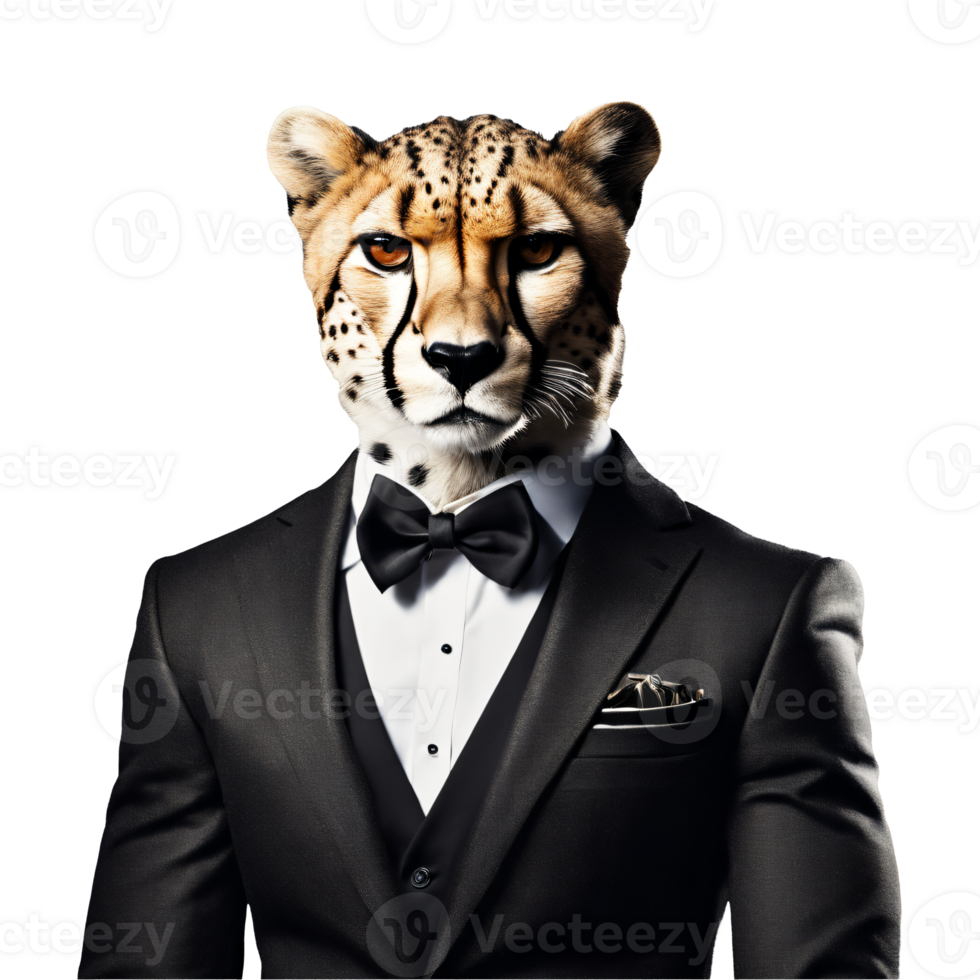 Portrait of Humanoid Anthropomorphic Cheetah Wearing Black Business Suit with Butterfly Bow Tie Isolated Transparent Generative AI png