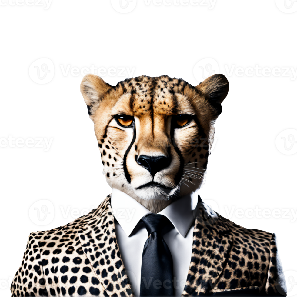 Portrait of Humanoid Anthropomorphic Cheetah Wearing Leopard Business Suit Isolated Transparent Generative AI png