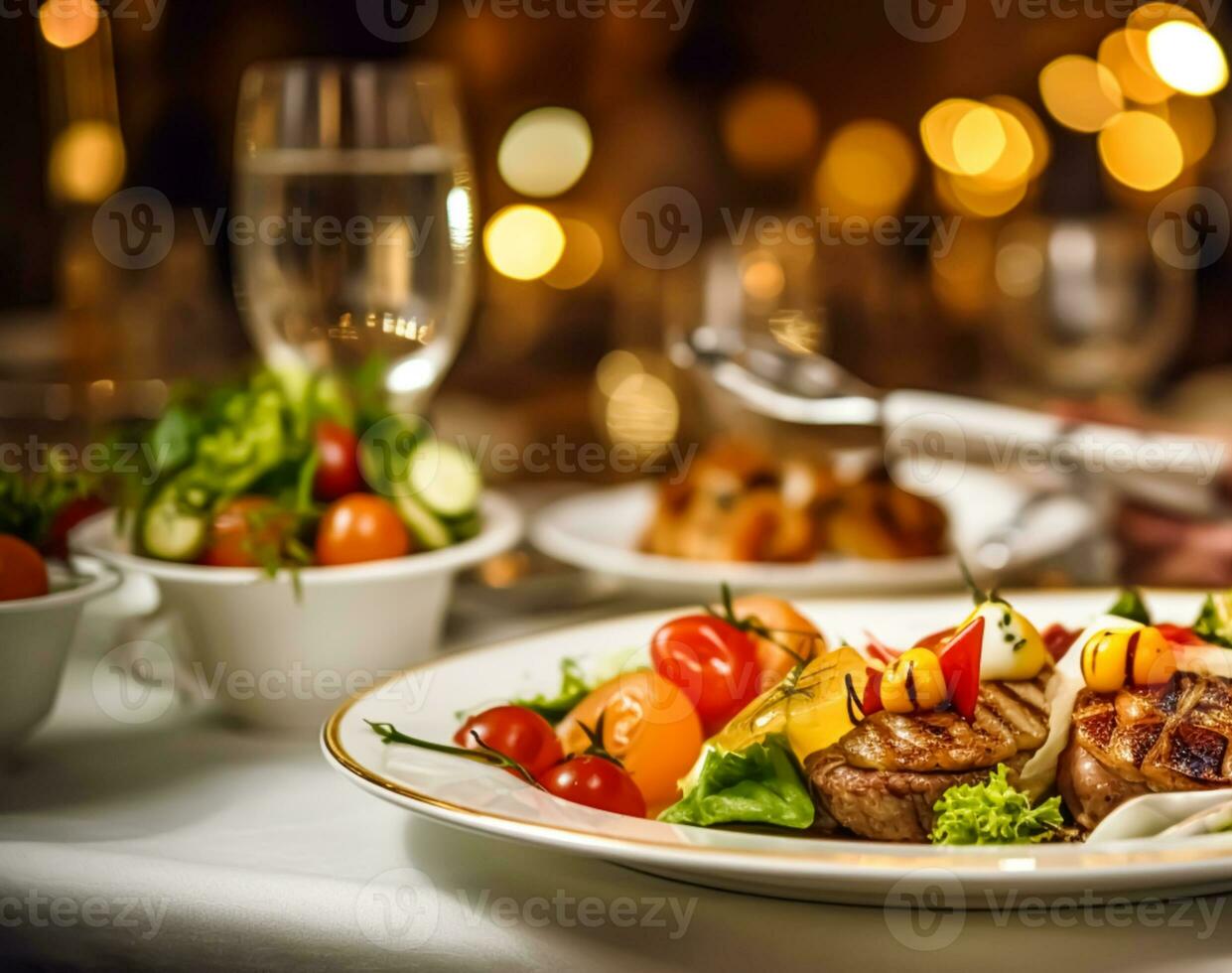 Luxury food service, main course served at a restaurant or formal dinner event in classic English style in the luxurious hotel or country estate, generative ai photo