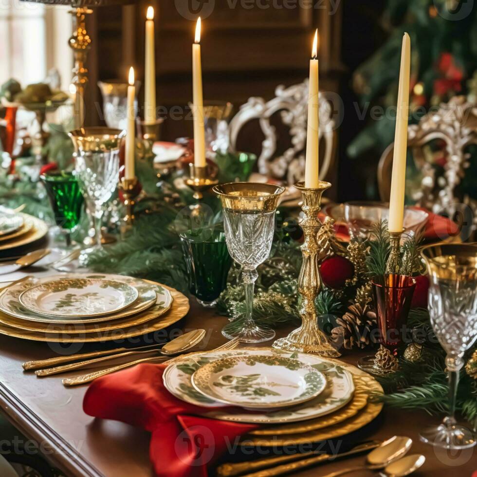 Christmas table scape, elegant formal dinner table setting, tablescape with holiday decoration for party event celebration, generative ai photo