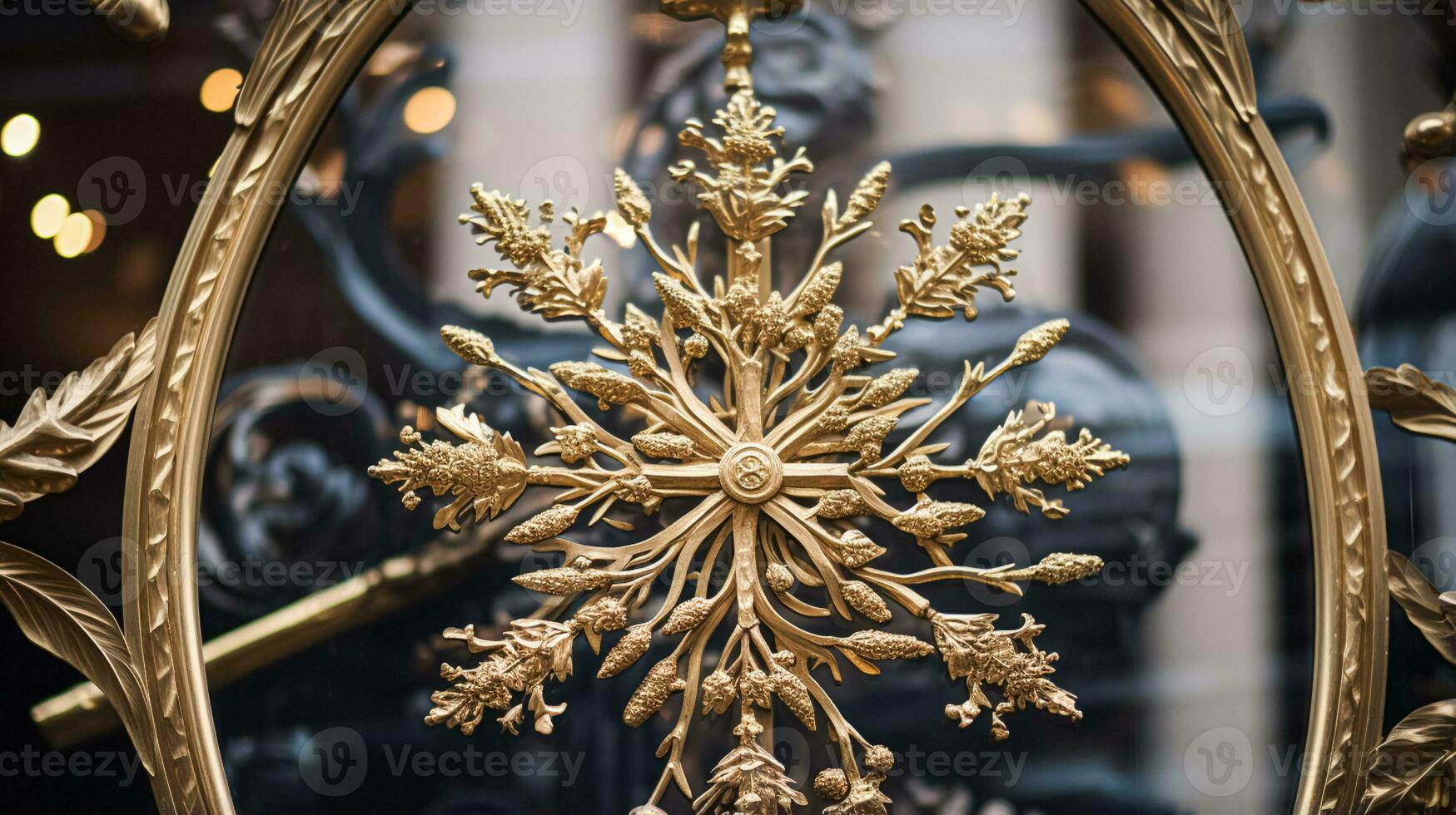 Christmas decoration details on English styled luxury high street city store door or shopping window display, holiday sale and shop decor photo