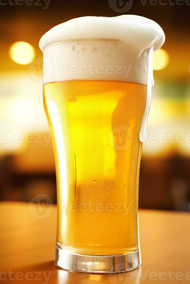 Glass of cold beer with foam, pint of original premium beer drink, alcohol flavour and holiday celebration photo