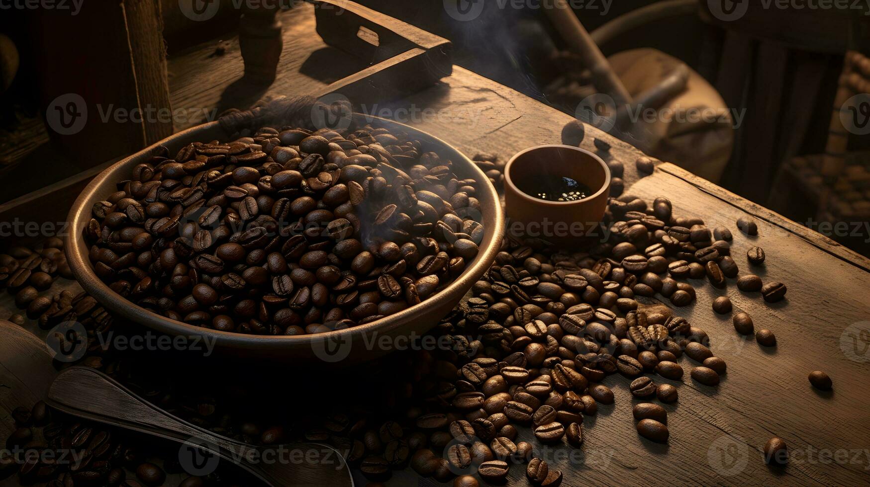 coffee beans on wooden table photo