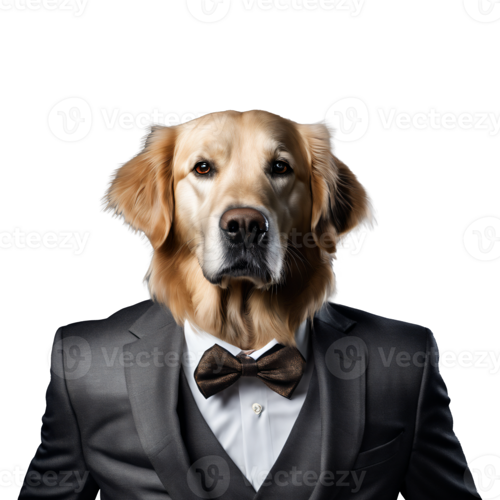 Portrait of Humanoid Anthropomorphic Golden Retriever Dog Wearing Black Business Suit with Butterfly Bow Tie Isolated Transparent Generative AI png