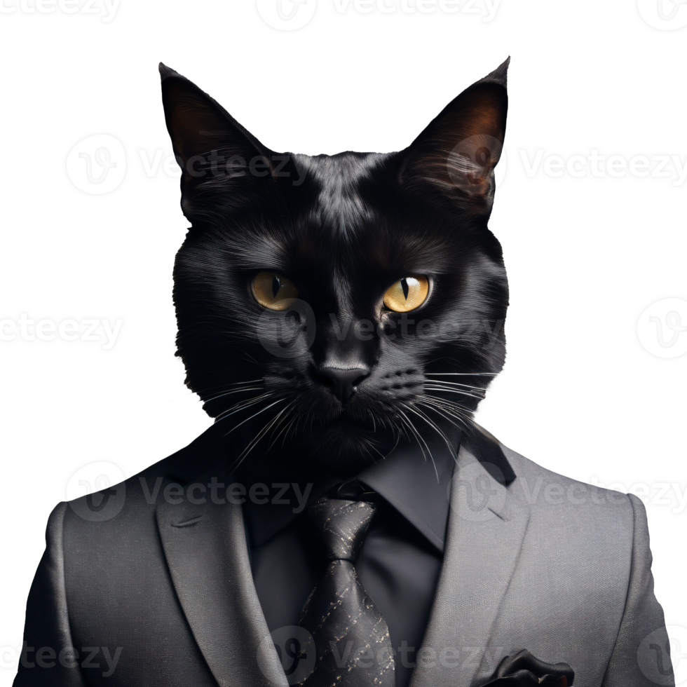 Portrait of Humanoid Anthropomorphic Black Cat Wearing Business Suit Isolated Transparent Generative AI png