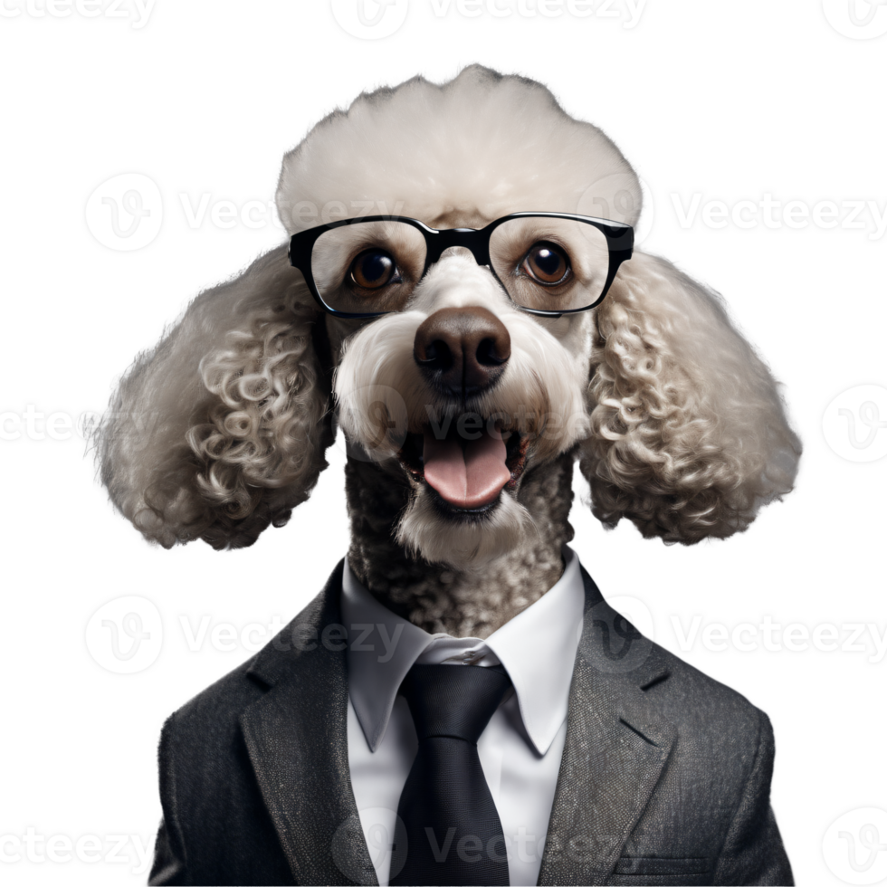 Portrait of Humanoid Anthropomorphic Poodle Dog Wearing Gray Business Suit with Glasses Isolated Transparent Generative AI png