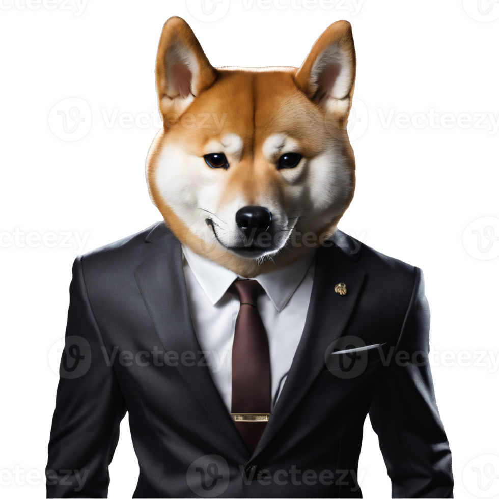 Portrait of Humanoid Anthropomorphic Shiba Inu Dog Wearing Black Business Suit Isolated Transparent Generative AI png