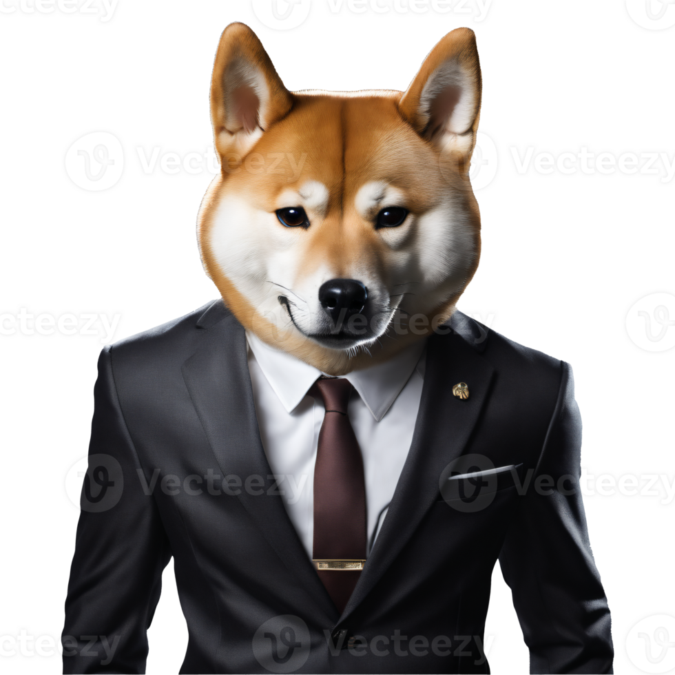 portret van humanoid antropomorf shiba inu hond vervelend zwart bedrijf pak geïsoleerd transparant generatief ai png