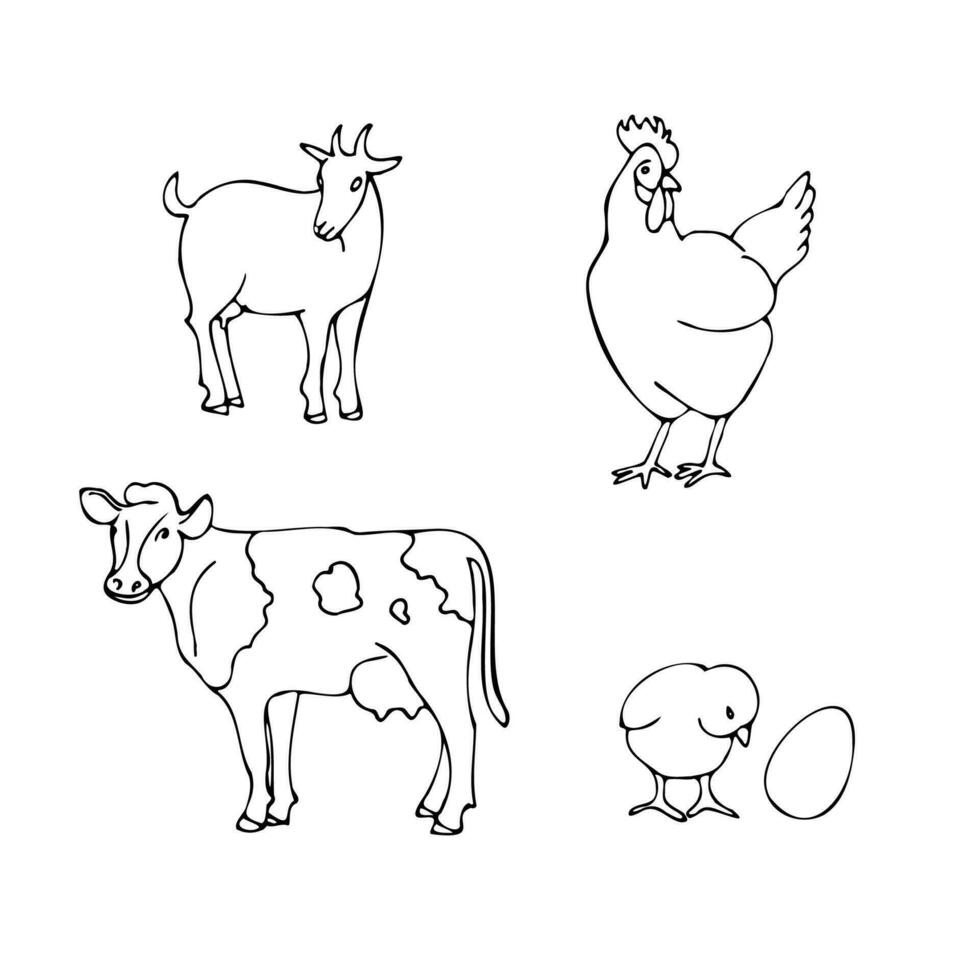 set of domestic animals. cow, goat, hen, chick and egg. vector illustration in cartoon style.