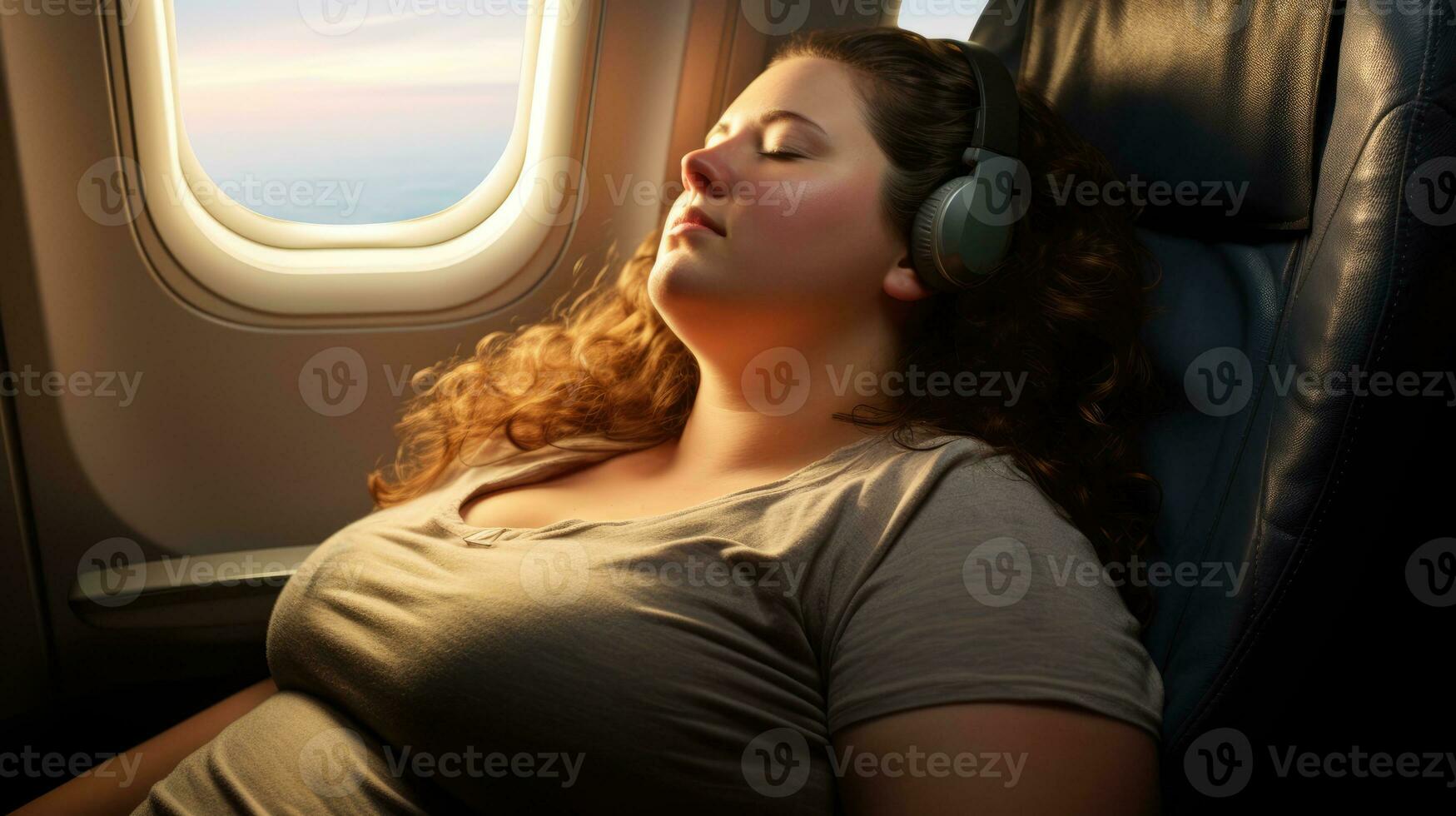 Plus size woman on an airplane. Overweight girl sleeping in an airplane seat photo