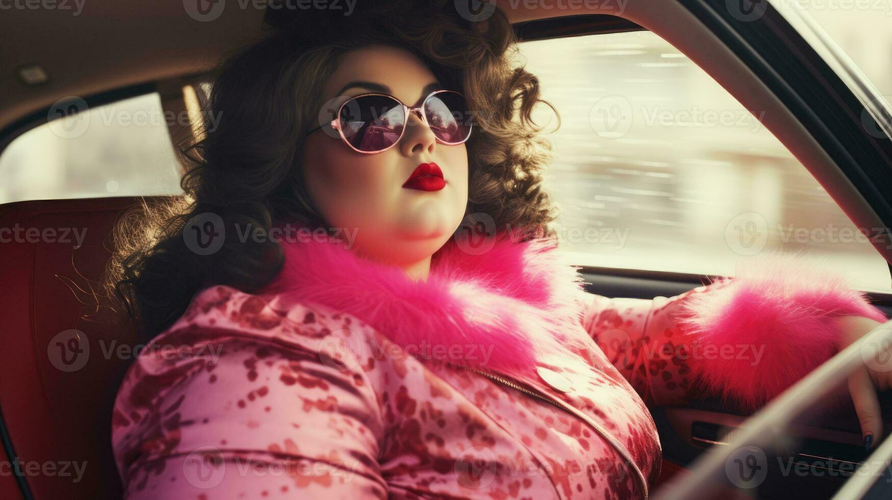 Luxury glamorous plus size woman in a car. Lifestyle of luxurious life. photo