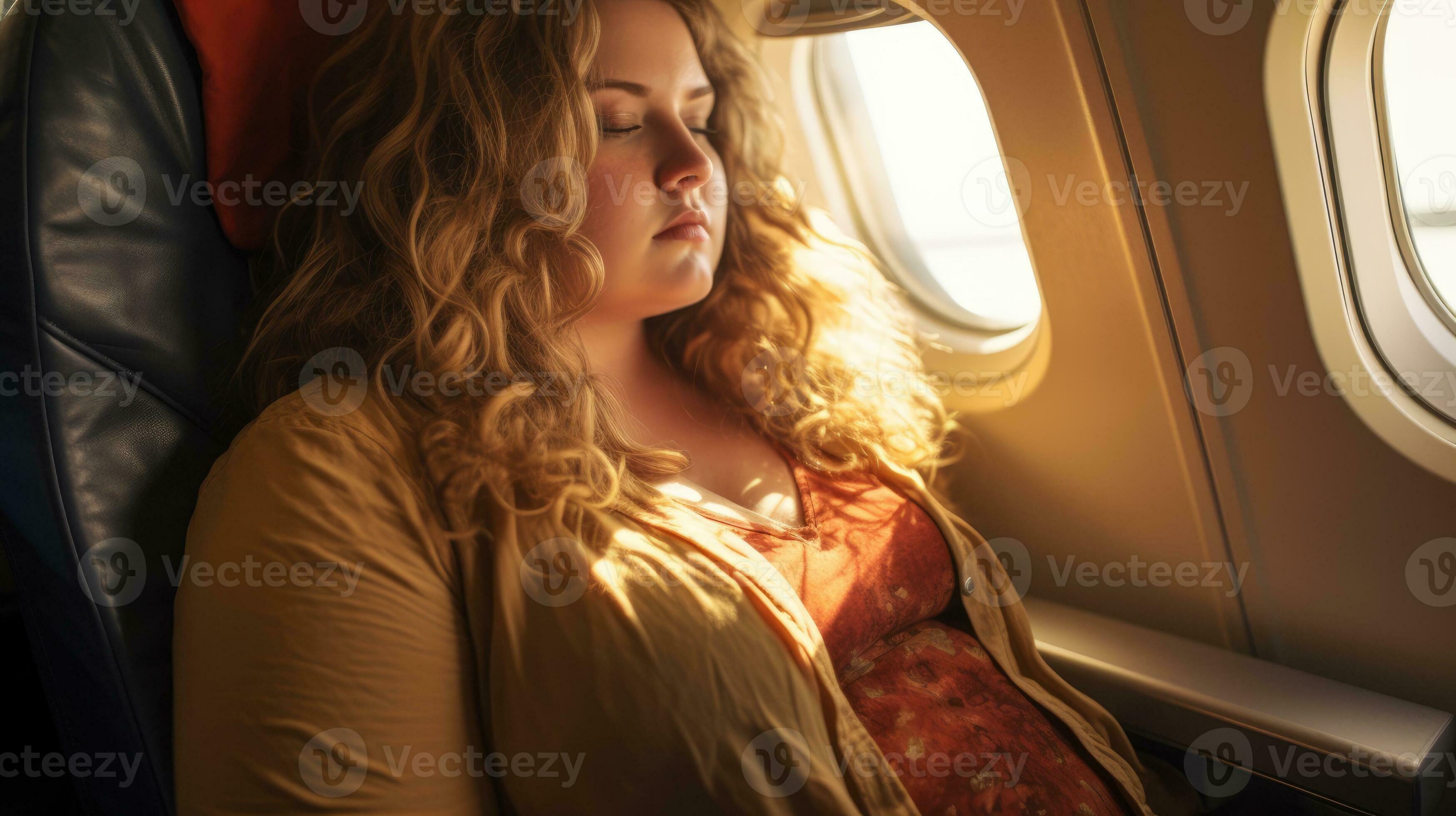 Plus size woman on an airplane. Overweight girl sleeping in an airplane