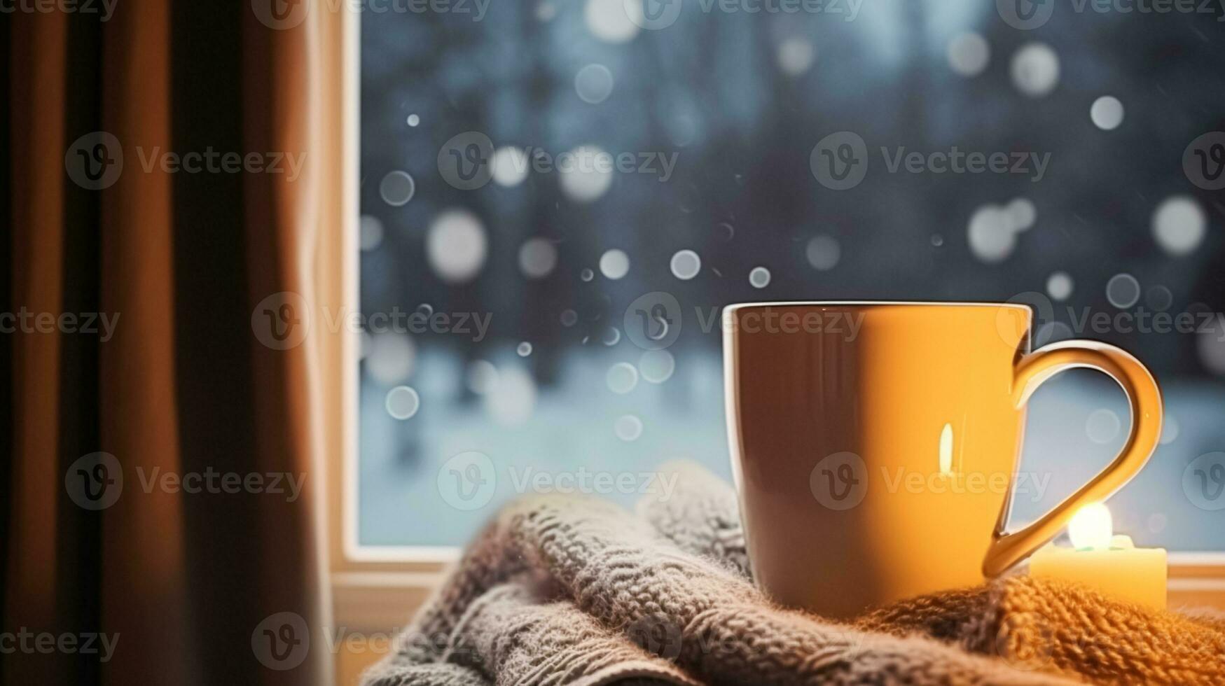 invierno vacaciones, noche calma y acogedor hogar, taza de té o café jarra y de punto cobija cerca ventana en el Inglés campo cabaña, fiesta atmósfera foto