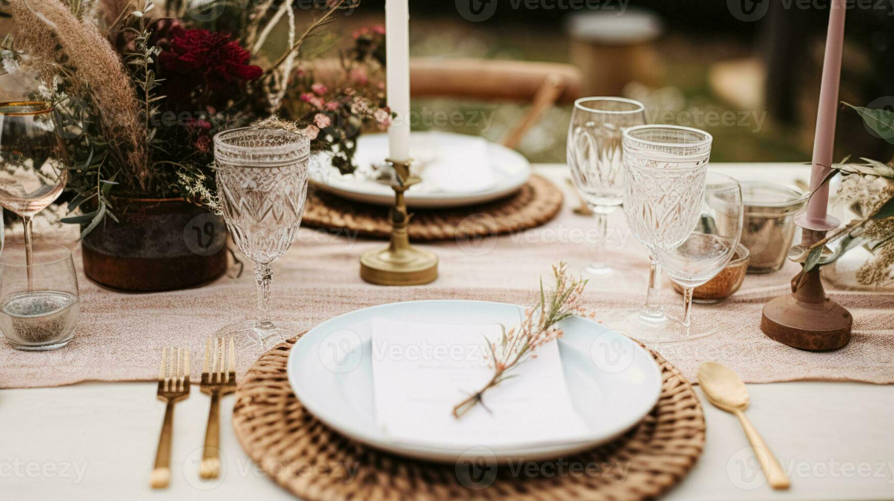 Table decor, holiday tablescape and dinner table setting in countryside garden, formal event decoration for wedding, family celebration, English country and home styling photo