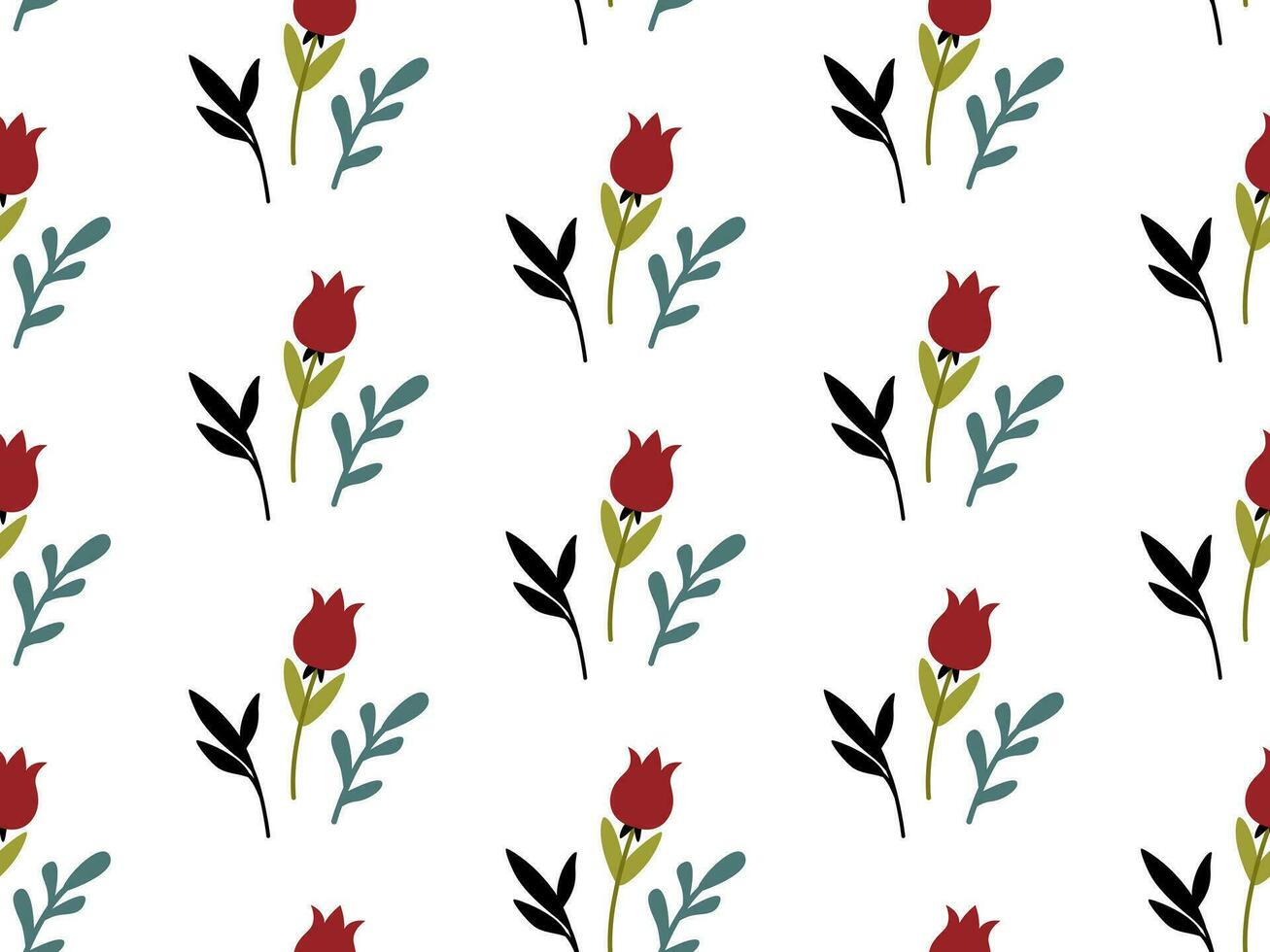 Seamless pattern with red flower and herbs in cartoon flat style on a white background. vector