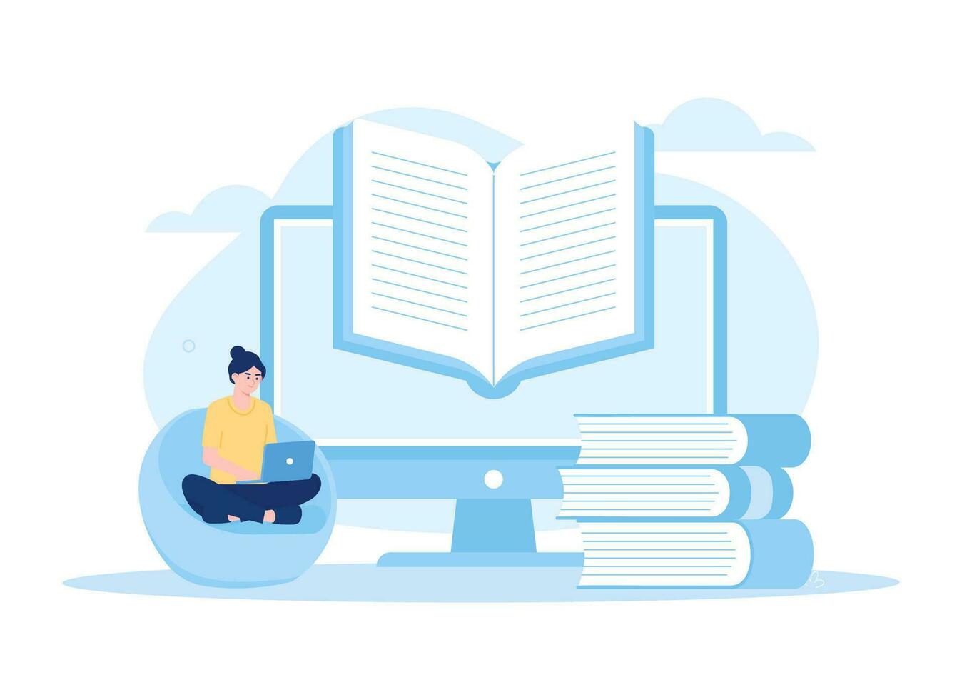 Student learning via laptop, e-learning concept flat illustration vector