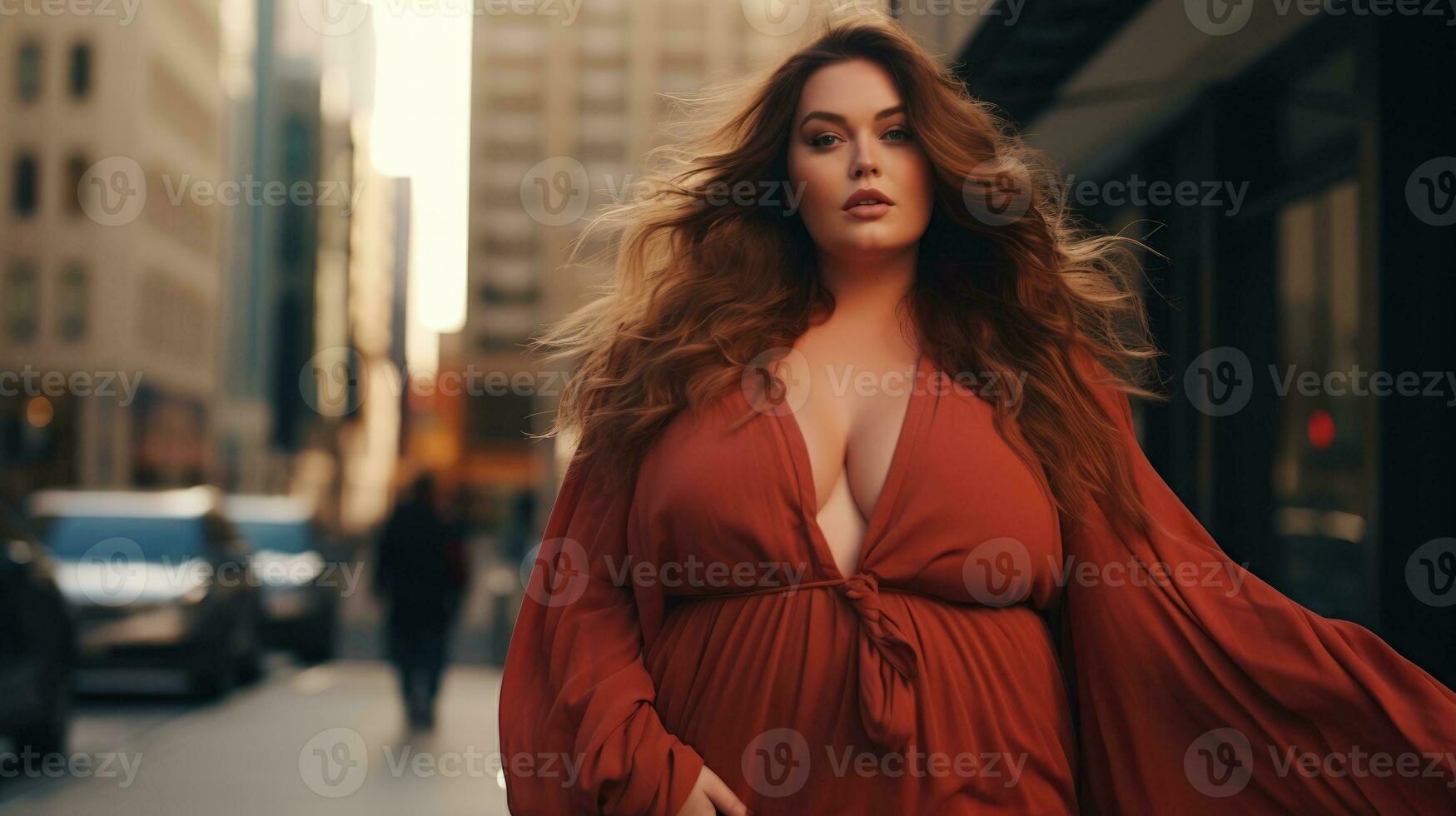 Stylish chic plus size woman against the backdrop of a blurred city photo