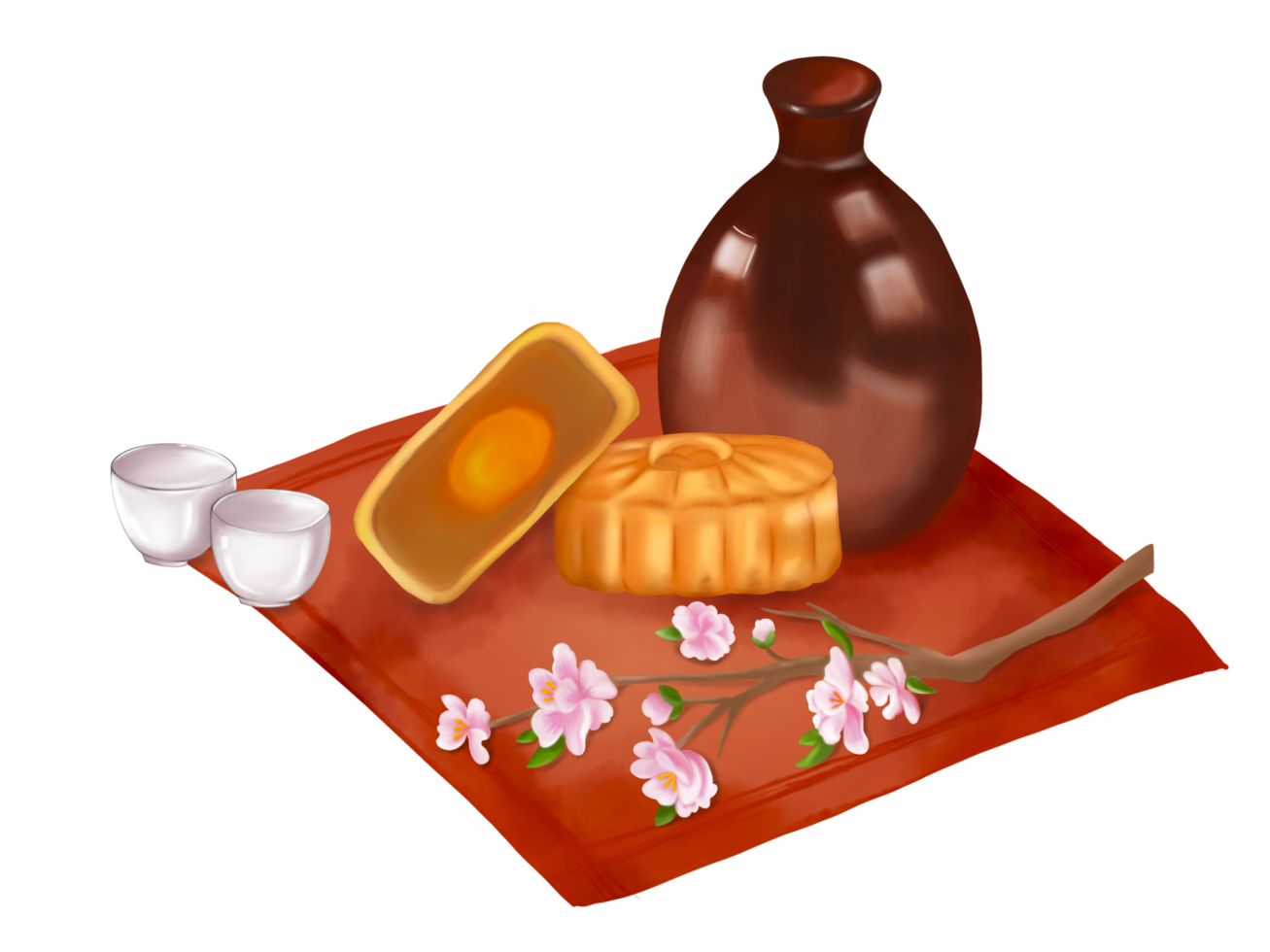 A piece and a half of Chinese Mooncake, a jar and a pair of Chinese tea cup, put on the red fabric has decorated with beautiful soft pink blossom flower. Digital hand draw and paint images. png