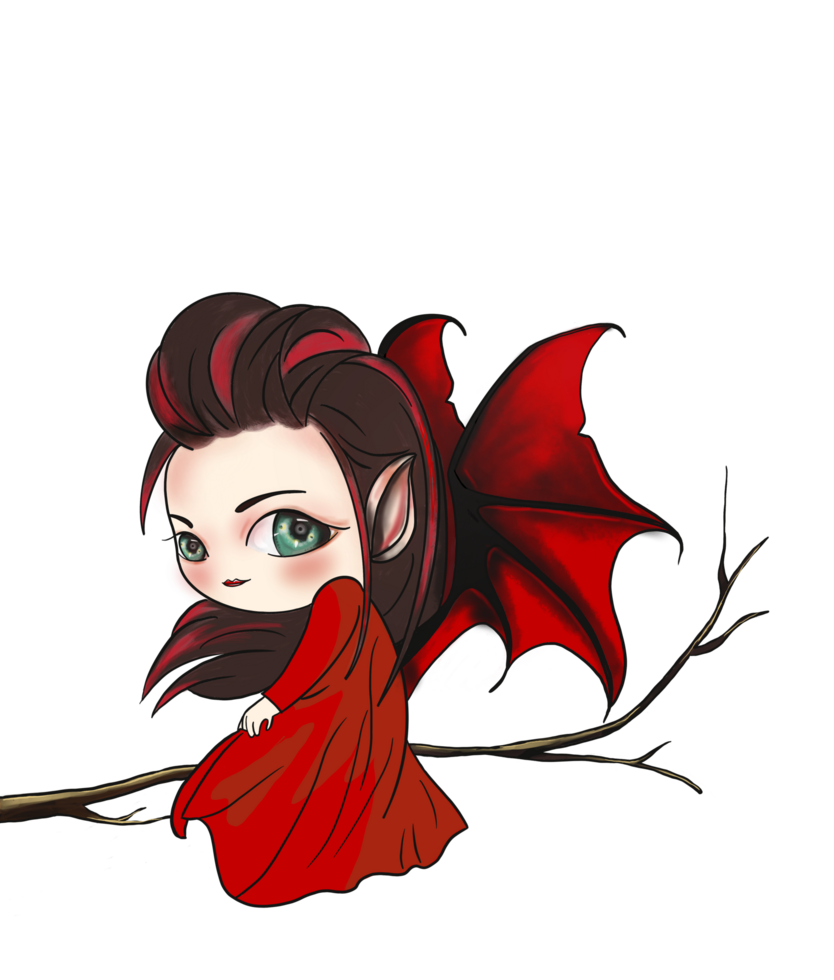 The woman bat in red dress sitting on a big branch in the big tree. png