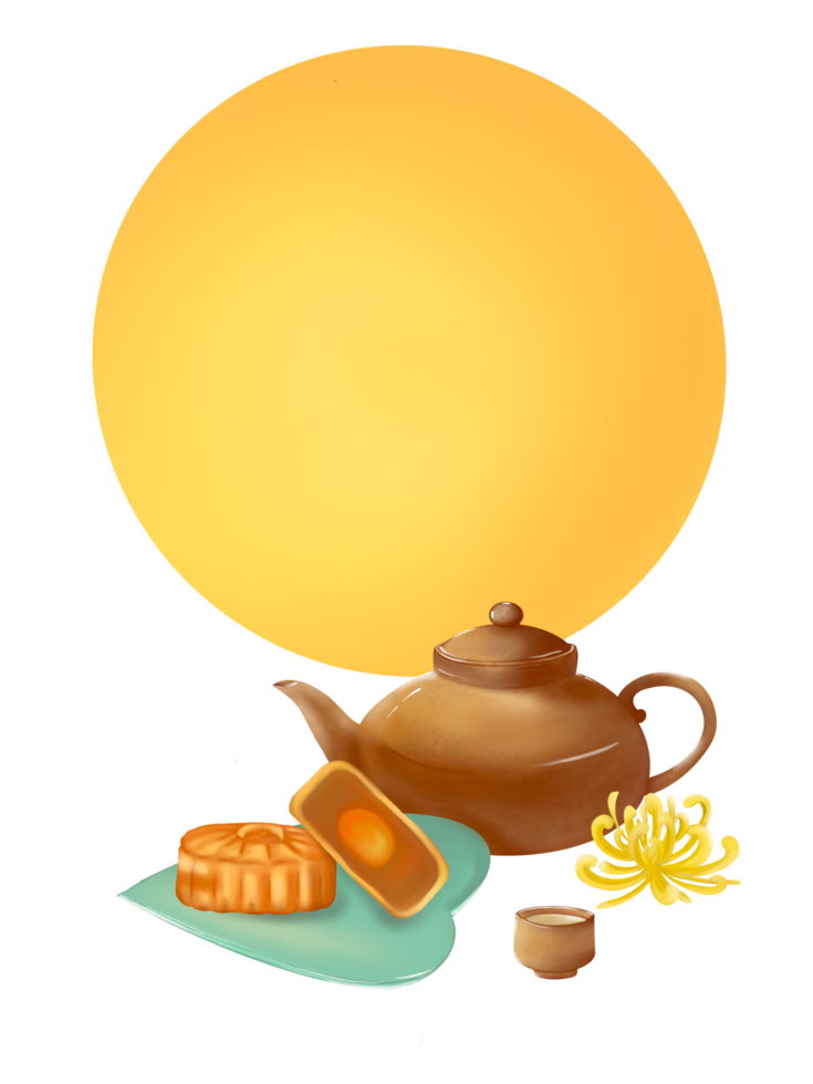 A set of Chinese traditional Tea Set, round pot, small cup including a plate of Mooncake there are big yellow moon behind and a spider Chrysanthemum flower a side. png