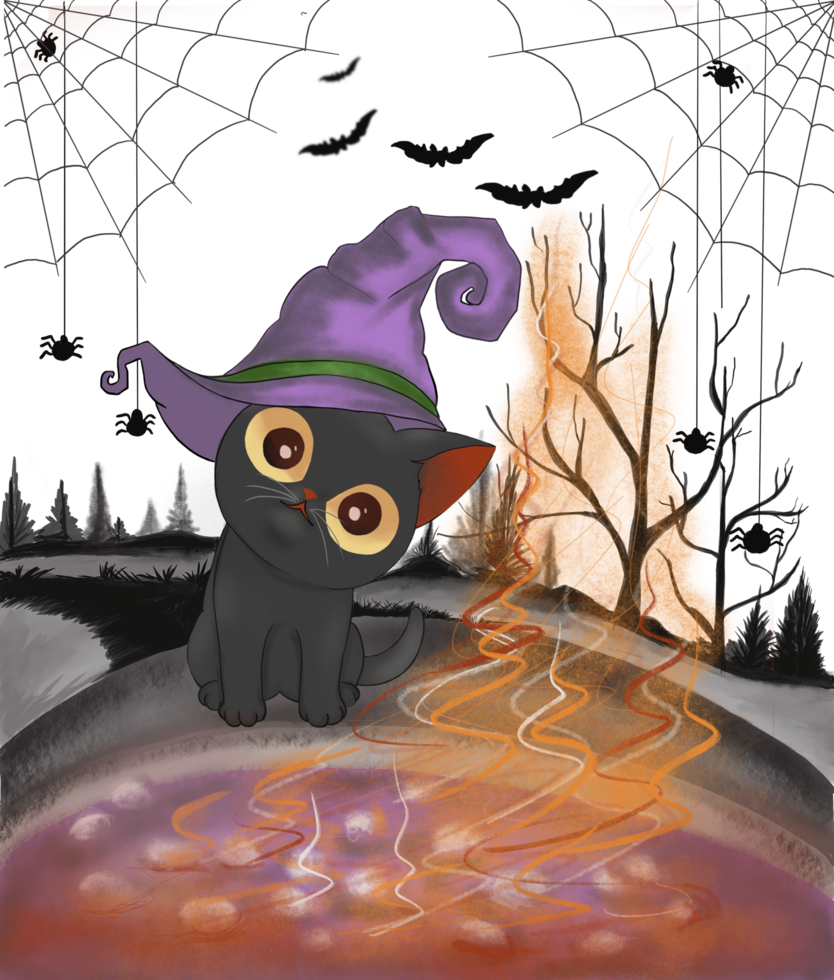 The cute black cat with the wizard hat sitting on a witch's pot, A group of bats, spiders and their cobweb, black trees and gray road, and dark orange sky show as the background. png