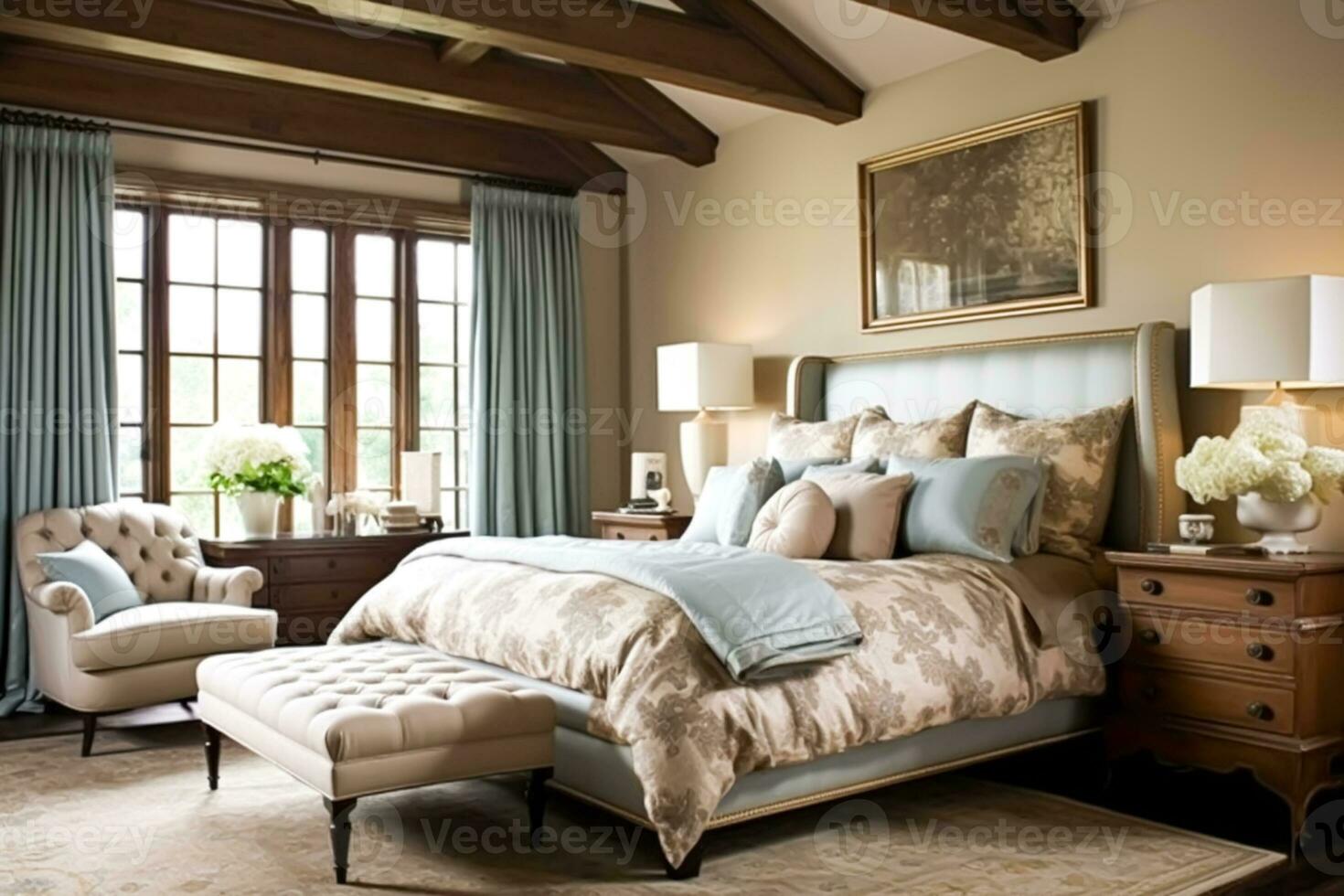 Bedroom decor, interior design and holiday rental, classic bed with elegant plush bedding and furniture, English country house and cottage style photo