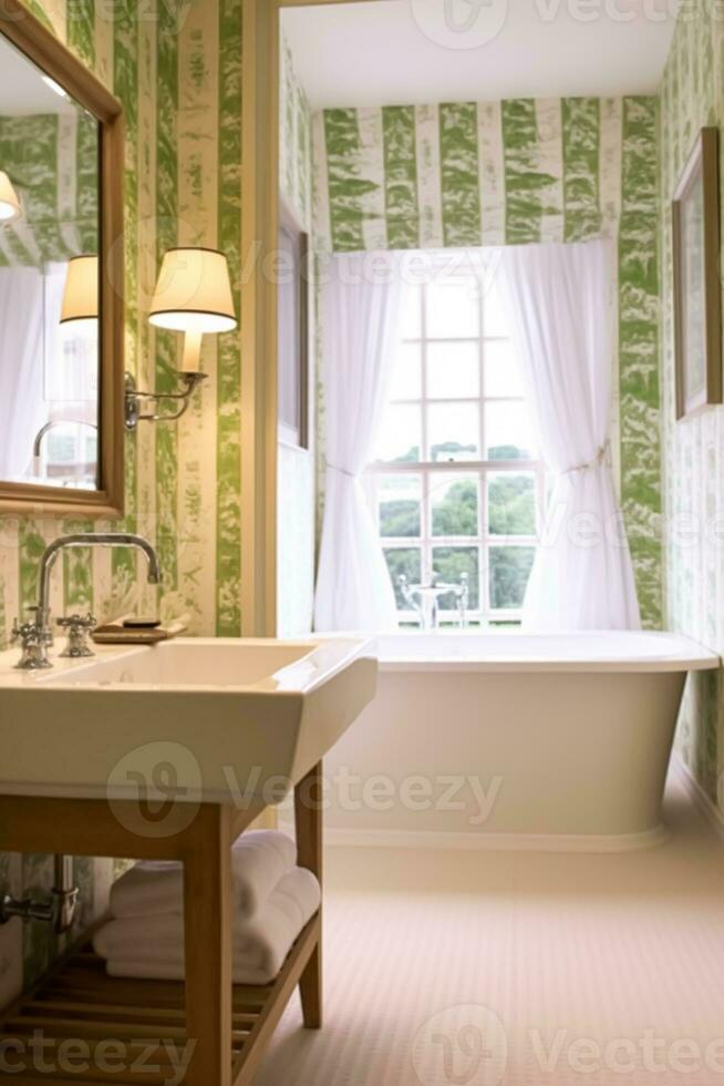 Classic bathroom decor, interior design and home improvement, bathtub and bathroom furniture, English country house and cottage style, generative ai photo