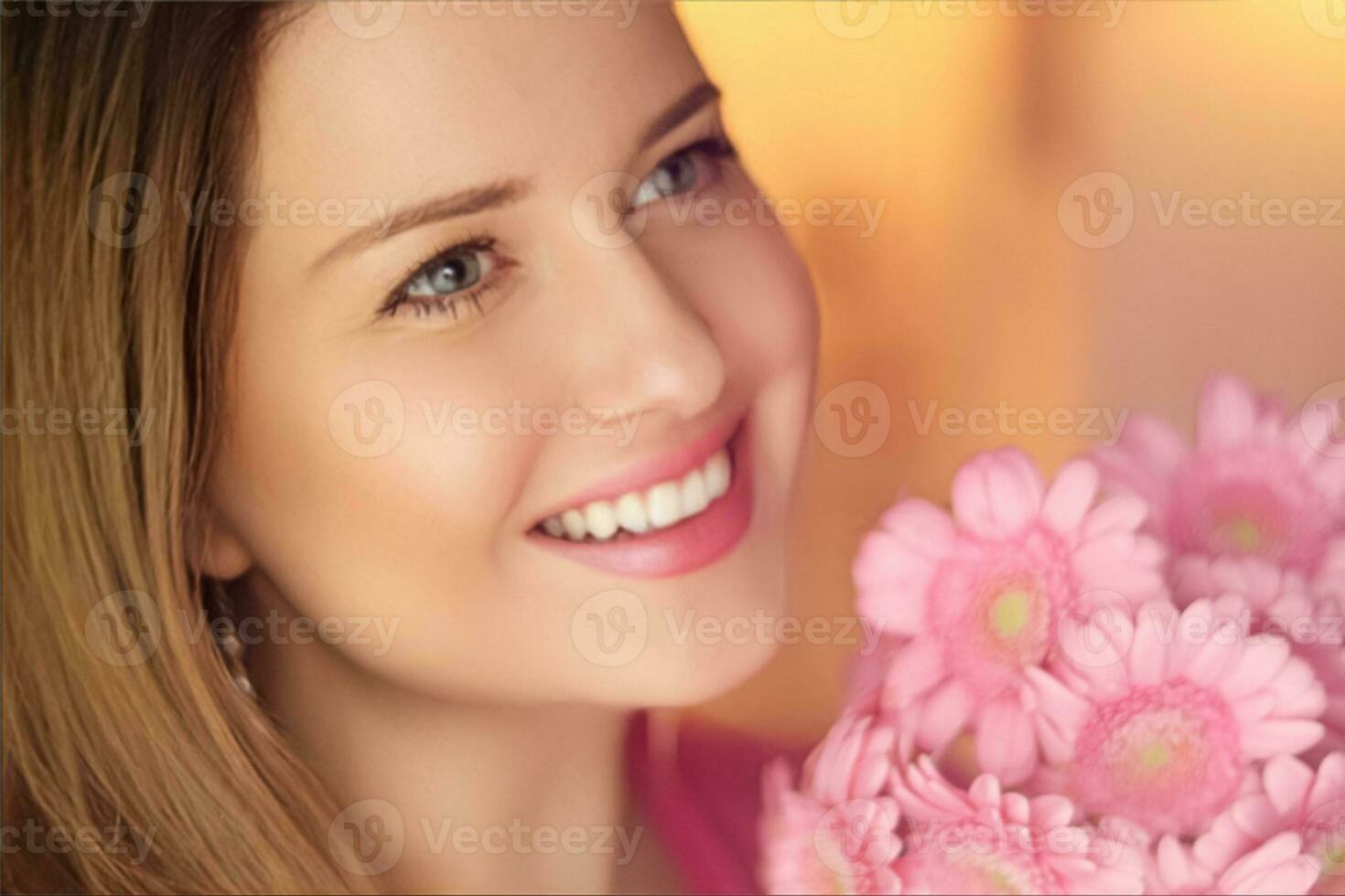 Beauty, holiday and bridal makeup, beautiful woman with pink flowers bouquet as cosmetics, perfume and face skincare photo