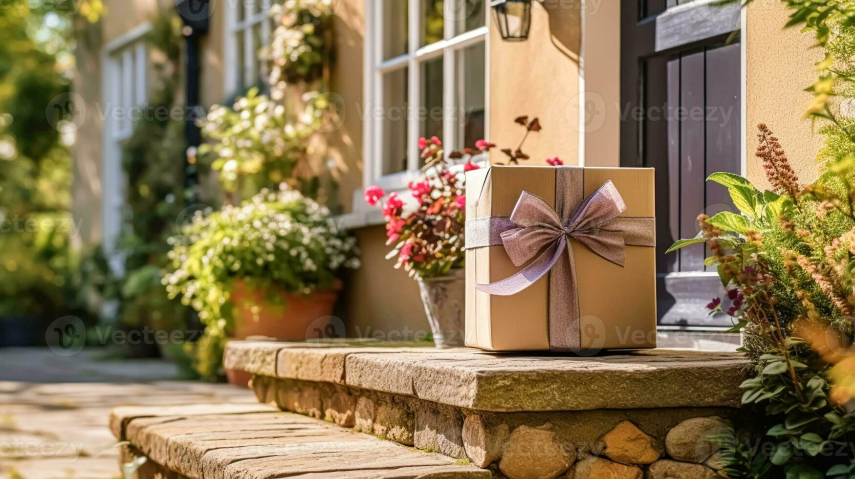 elegante regalo tienda entrega, postal Servicio y lujo en línea compras, paquete o empaquetar caja con un arco en un casa peldaño en el campo, generativo ai foto