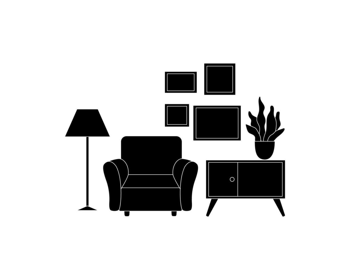 mueble composición en vector gráficos, un sillón, un lámpara, un mesa me gusta un bosquejo. el hogar interior de el vivo habitación en negro y blanco es aislado en blanco.