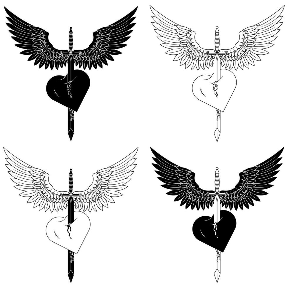 Vector design of European medieval sword with wings, Winged sword piercing a heart as a symbol of love