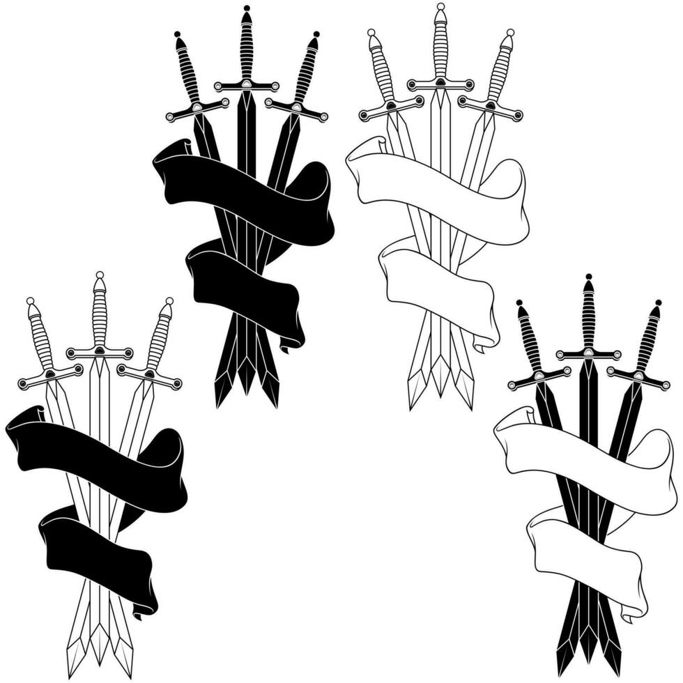 European medieval sword vector design, Medieval swords encircled with heraldic ribbon