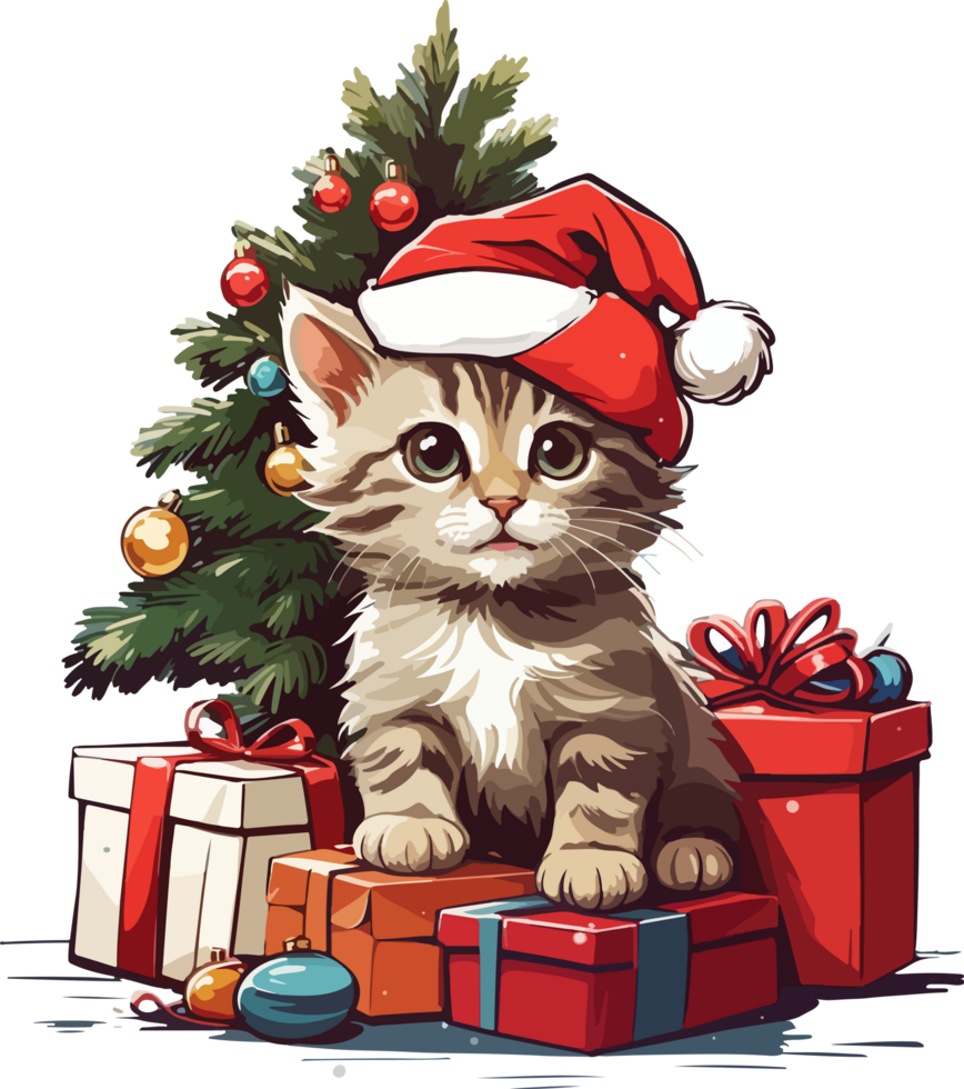 Kitten wear Santa Hat with Christmas Decoration Clip Art AI Generative png