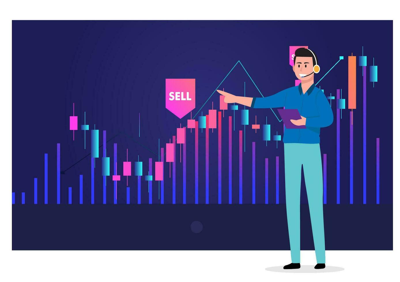 Technical analysis trader to analyze stock market or crypto currency data movement, trend analysis to take profit, buy and sell indicator chart concept, businessman trader magnify candlestick chart. vector