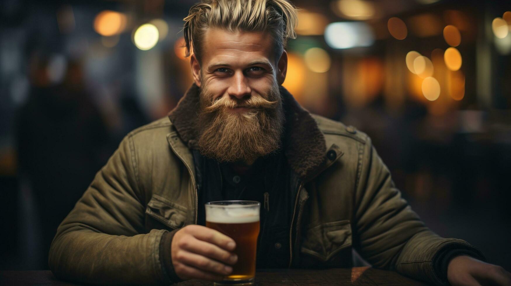 Brutal scandinavian man with glass of beer, bokeh blurred pub background photo