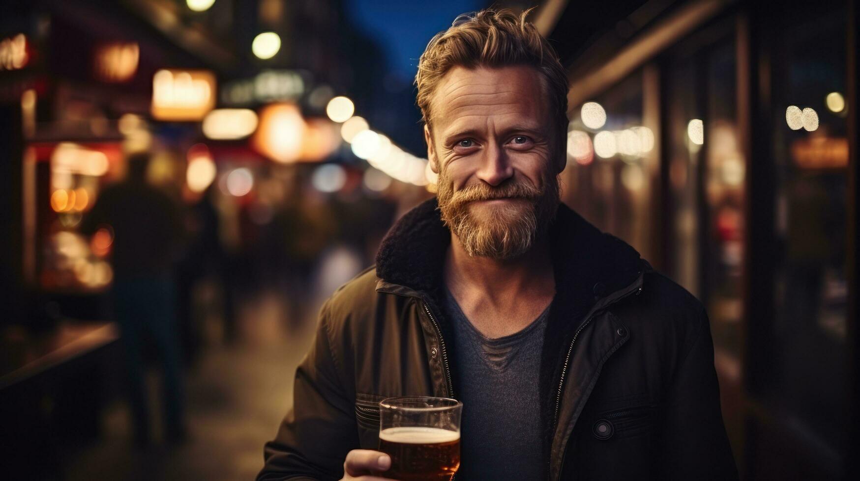 Brutal scandinavian man with glass of beer, bokeh blurred pub background photo