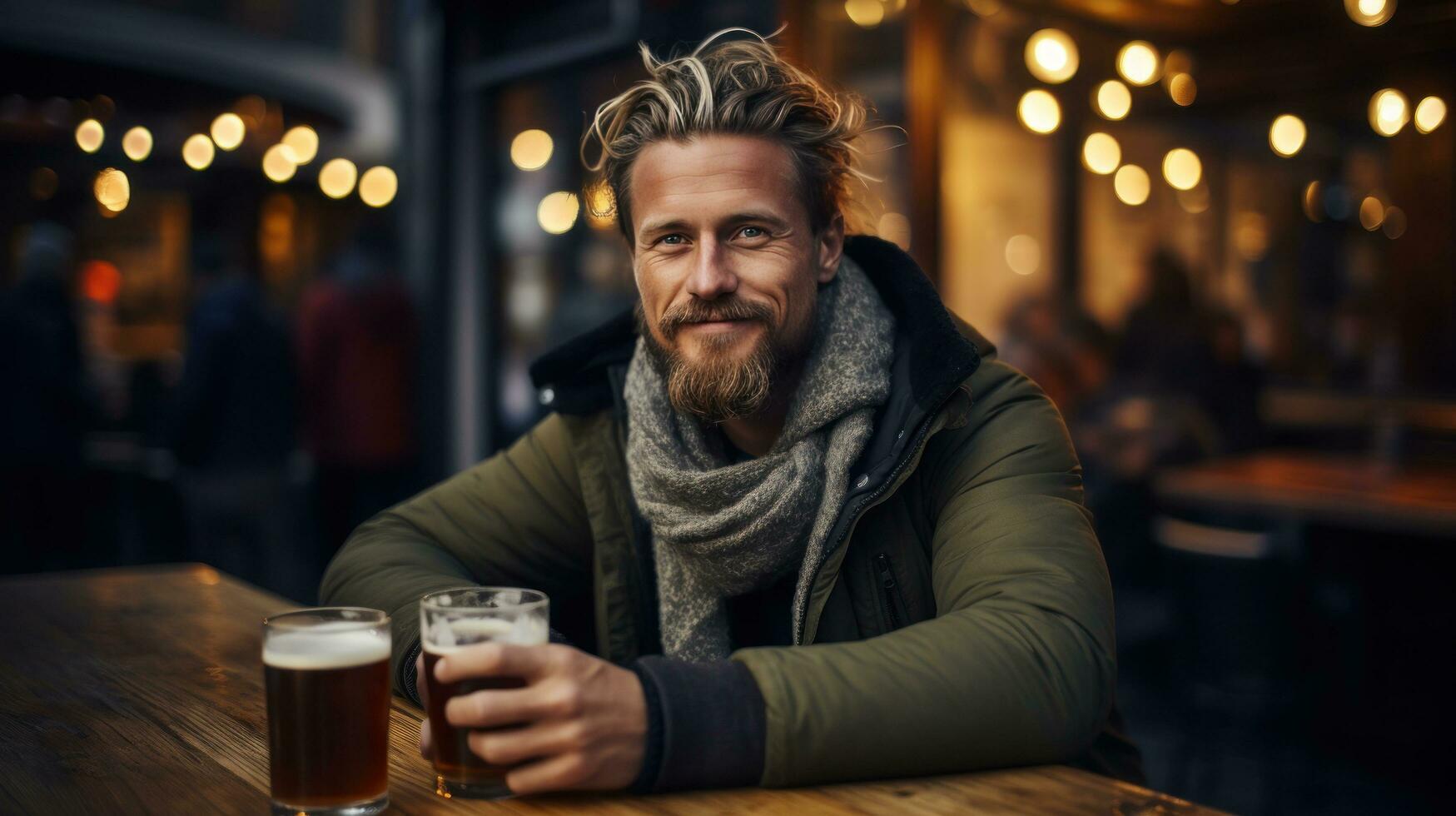 Brutal scandinavian man with glass of beer, bokeh blurred pub background photo