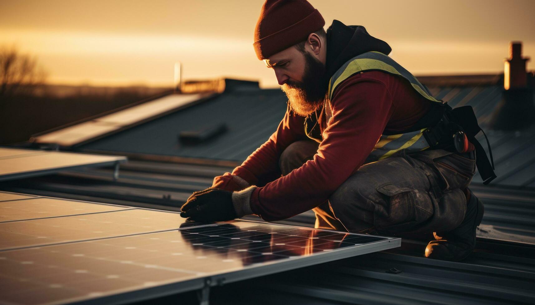 Technician installing solar panels on rooftop roof photo