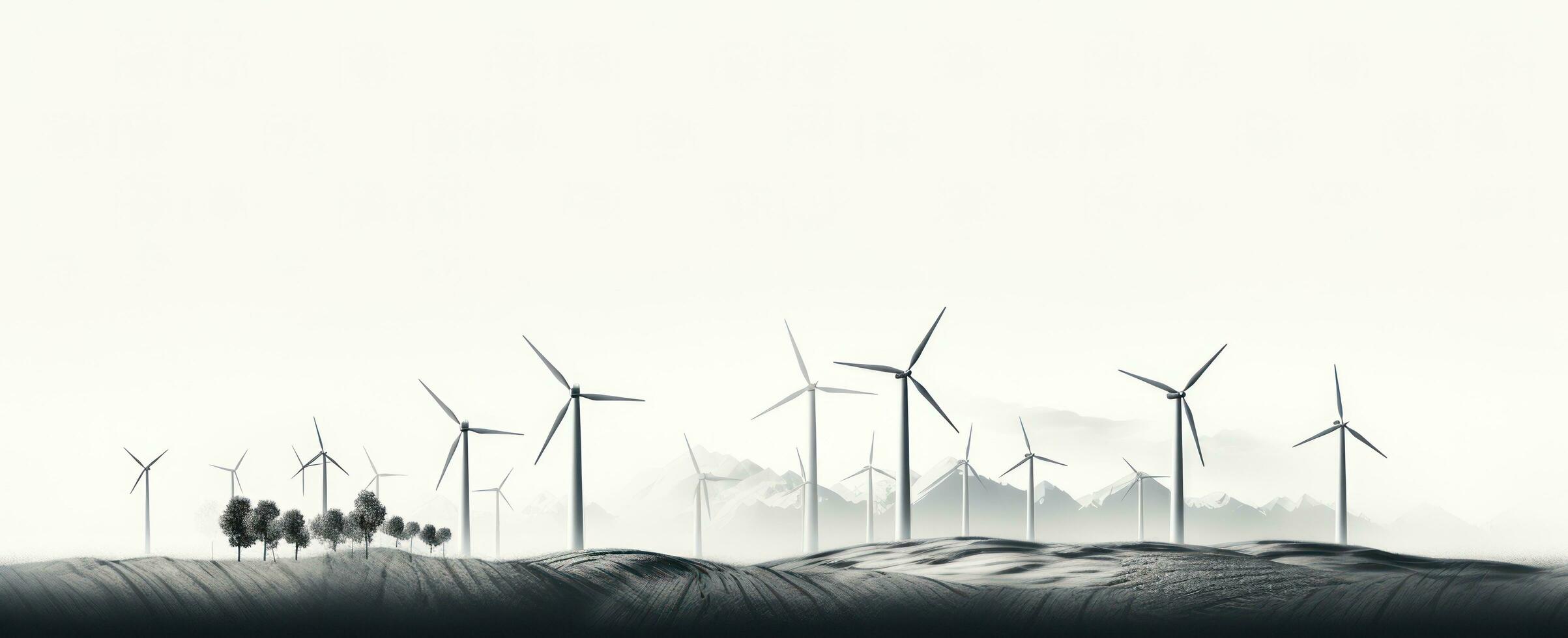 A set of wind turbines is pictured on a white background photo