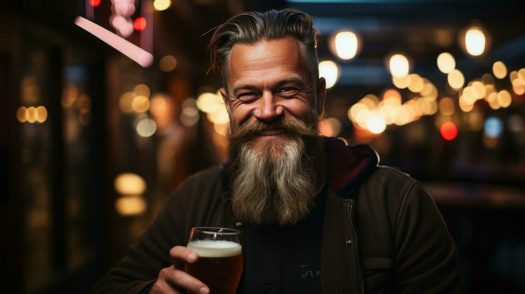 Brutal scandinavian man with glass of beer, bokeh blurred pub background photo