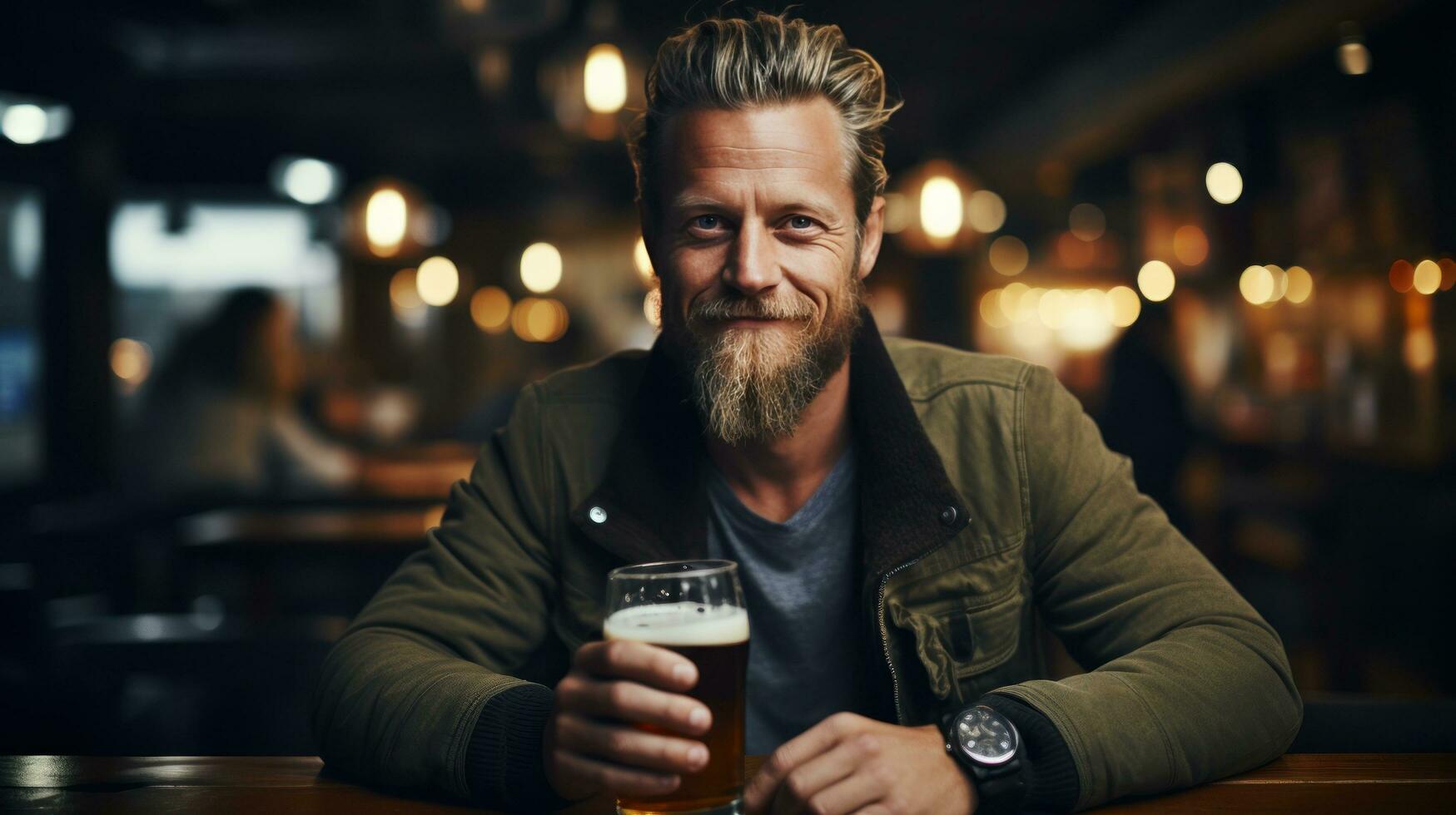 Brutal scandinavian man with glass of beer, bokeh blurred pub background photo