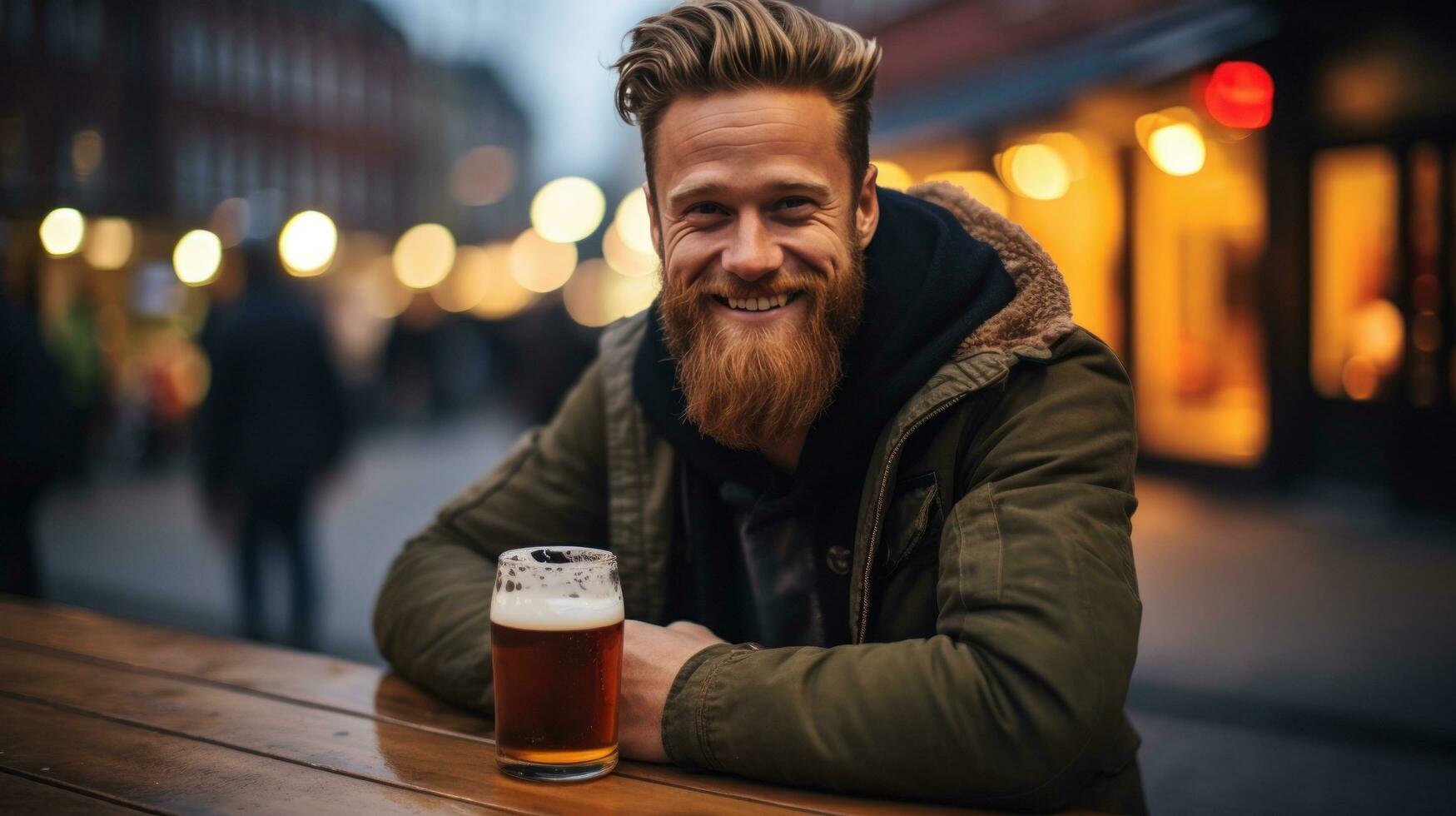 Brutal scandinavian man with glass of beer, bokeh blurred pub background photo