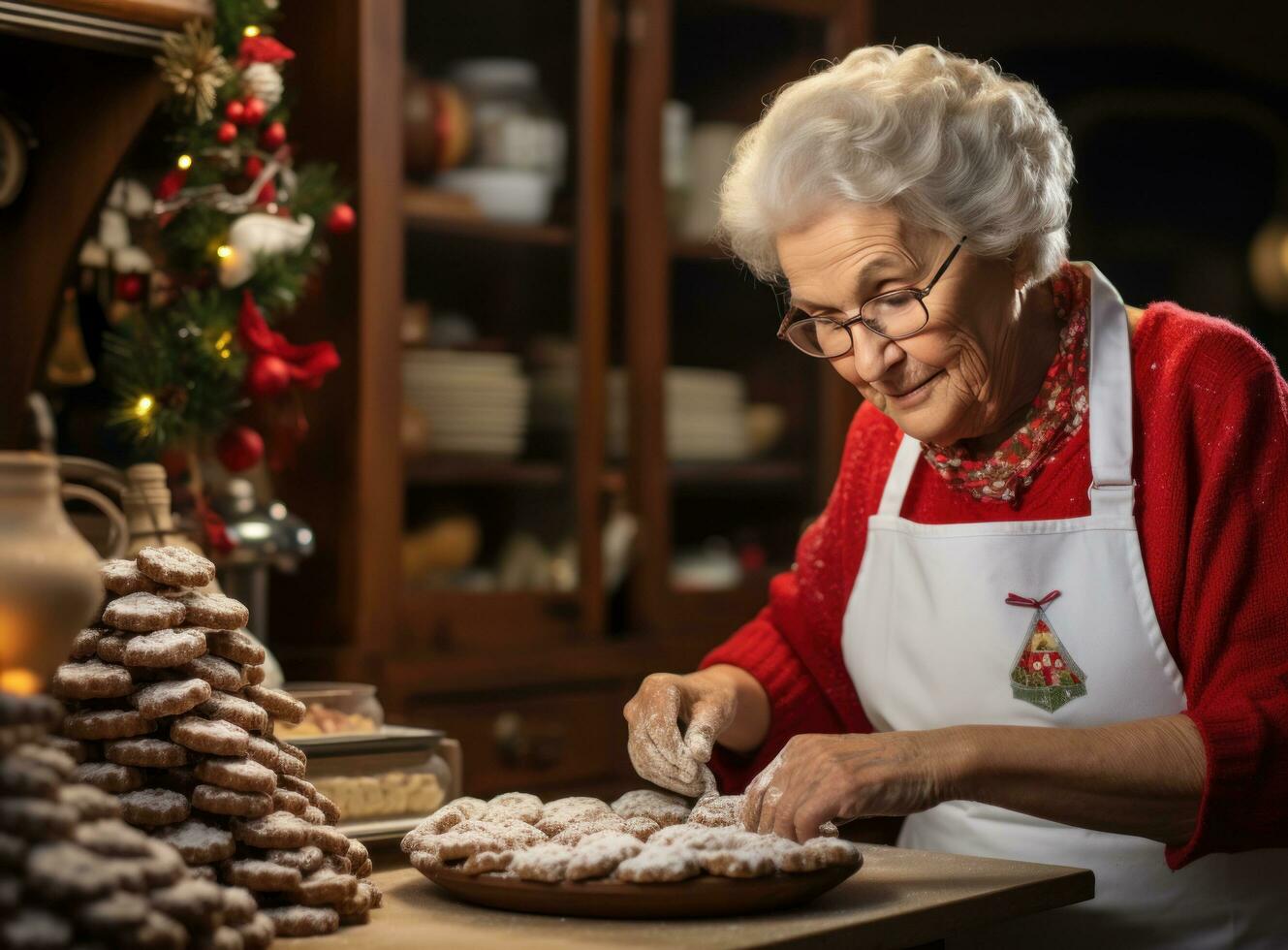 Elderly woman preparing Christmas cookies photo