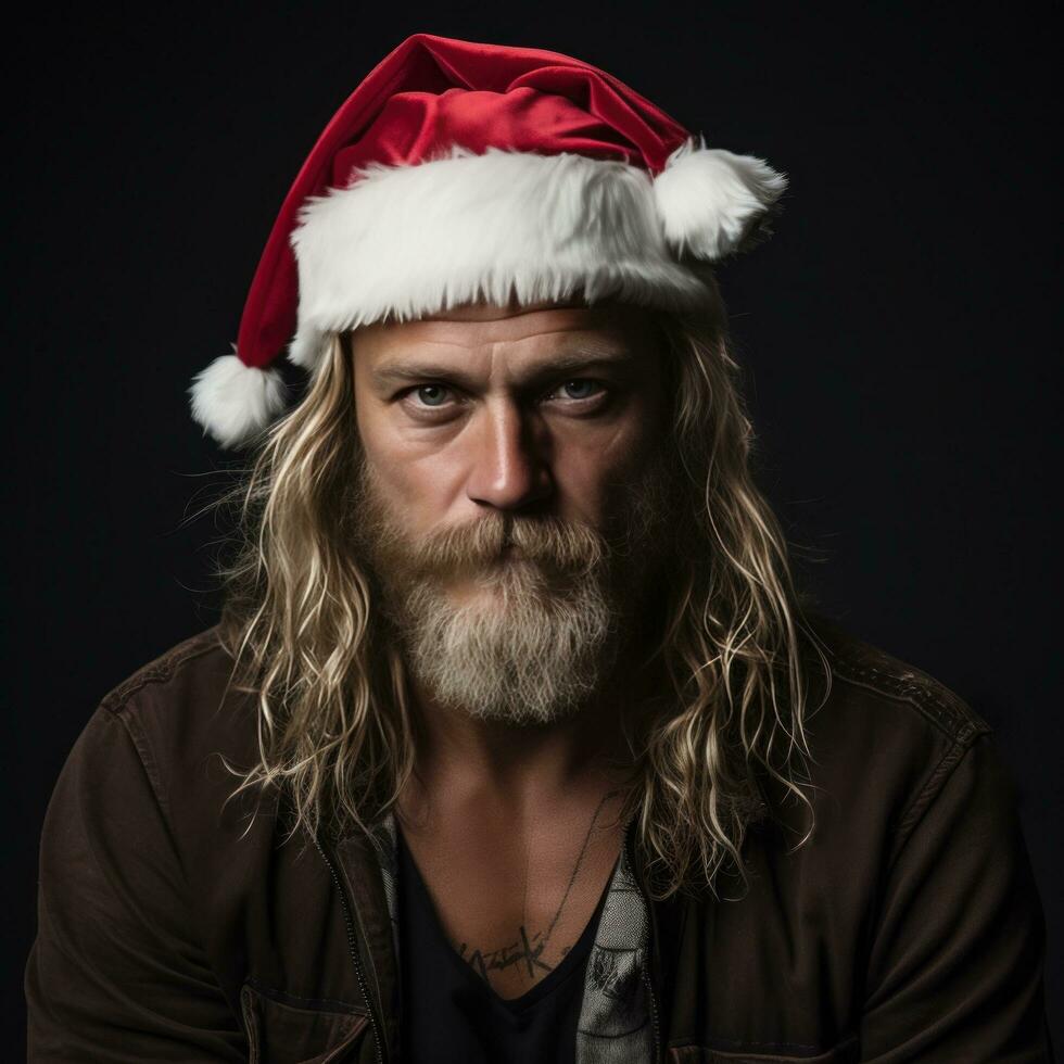 Brutal scandinavian man in santa claus hat isolated photo