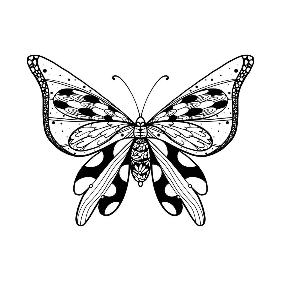 Hand drawn butterfly zentangle for t-shirt design or tattoo. Coloring book for kids and adults. vector